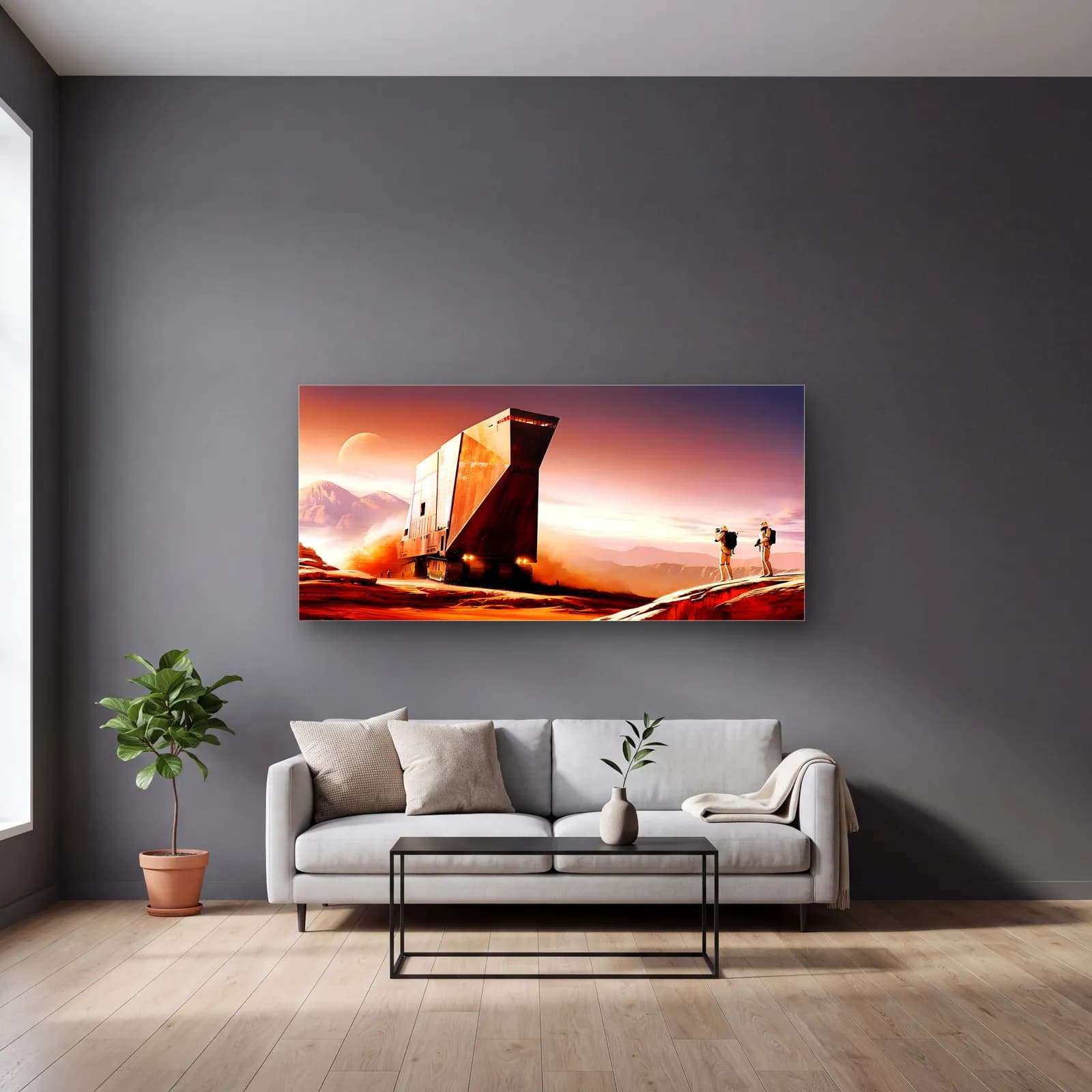 Sandcrawler Çöl Gün Batımı cam tablo — gri duvarlı salonda