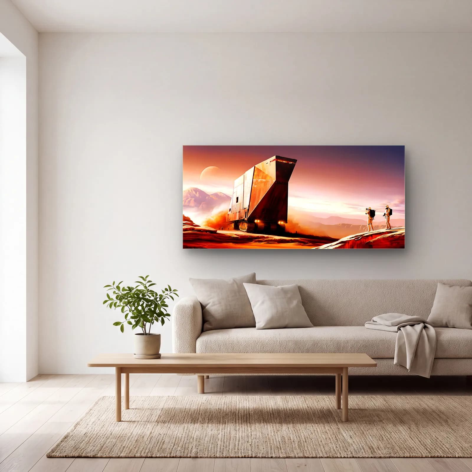 Sandcrawler Çöl Gün Batımı cam tablo — açık renk salonda