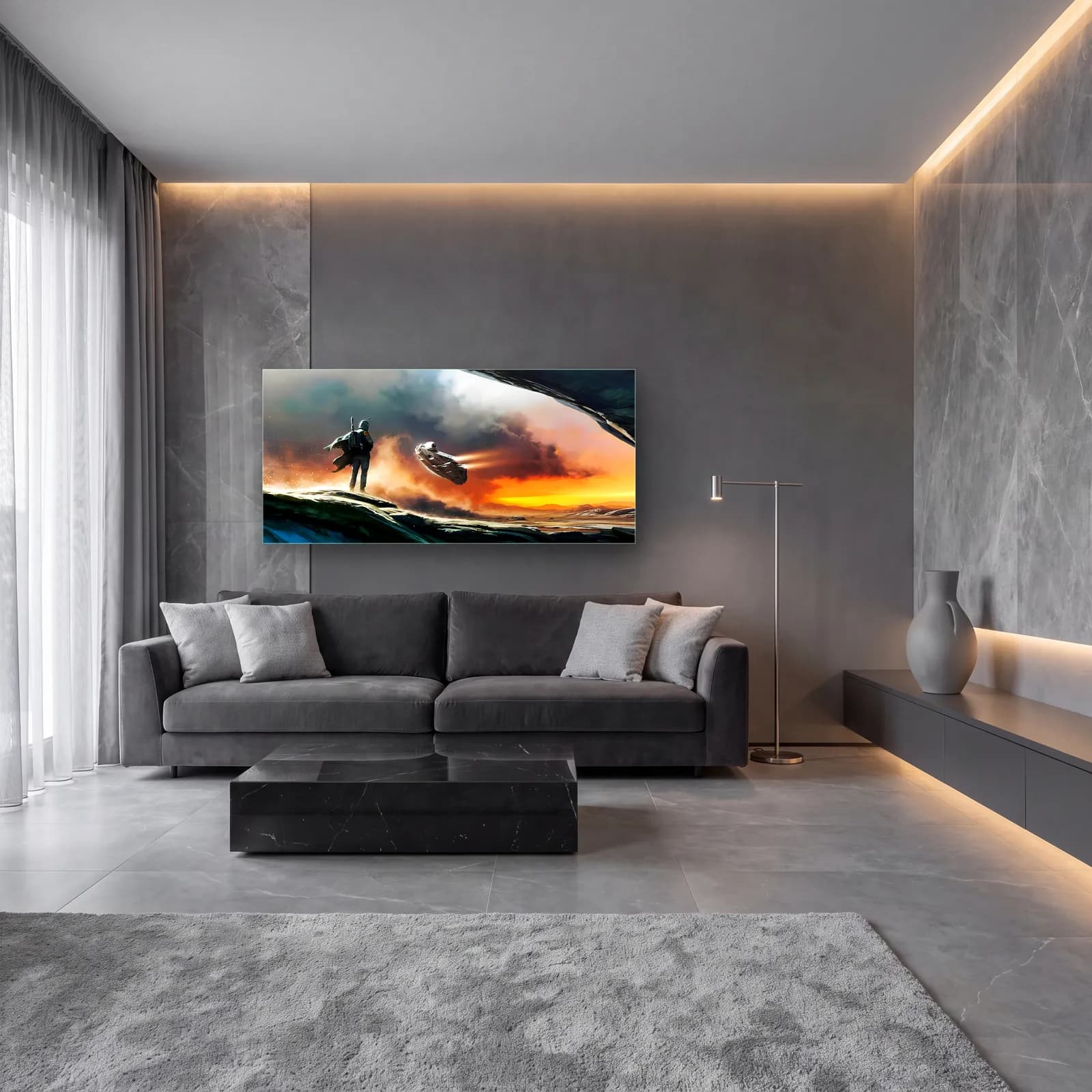 Mandalorian Gün Batımı Panoramik cam tablo — lüks salon duvarında