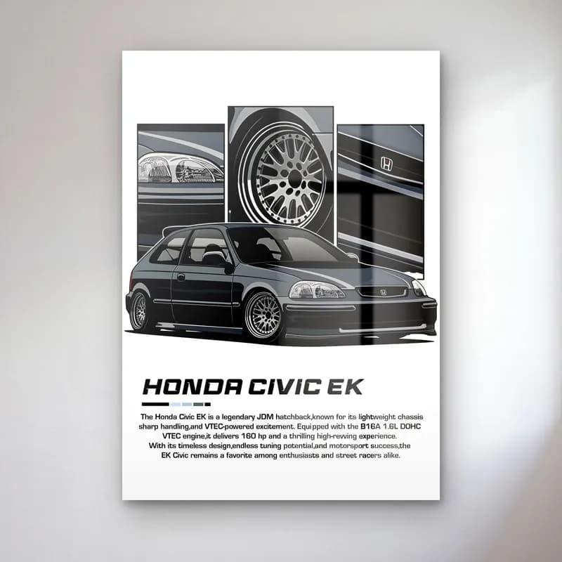 Honda Civic EK Siyah cam tablo — Beyaz zeminde siyah Honda Civic EK ve detay panelleri