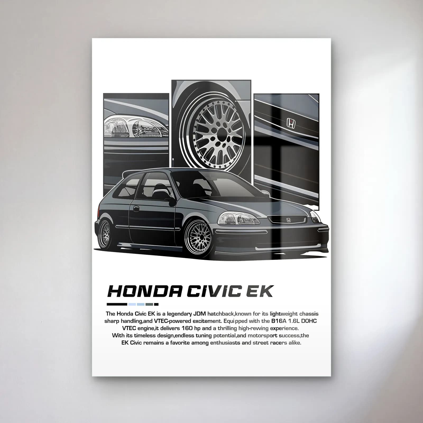 Honda Civic EK Siyah cam tablo — Beyaz zeminde siyah Honda Civic EK ve detay panelleri