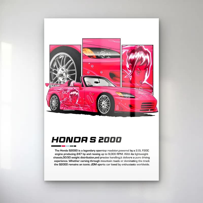 Honda S2000 Pembe cam tablo — Beyaz zeminde pembe Honda S2000 üstü açık araba ve detay panelleri