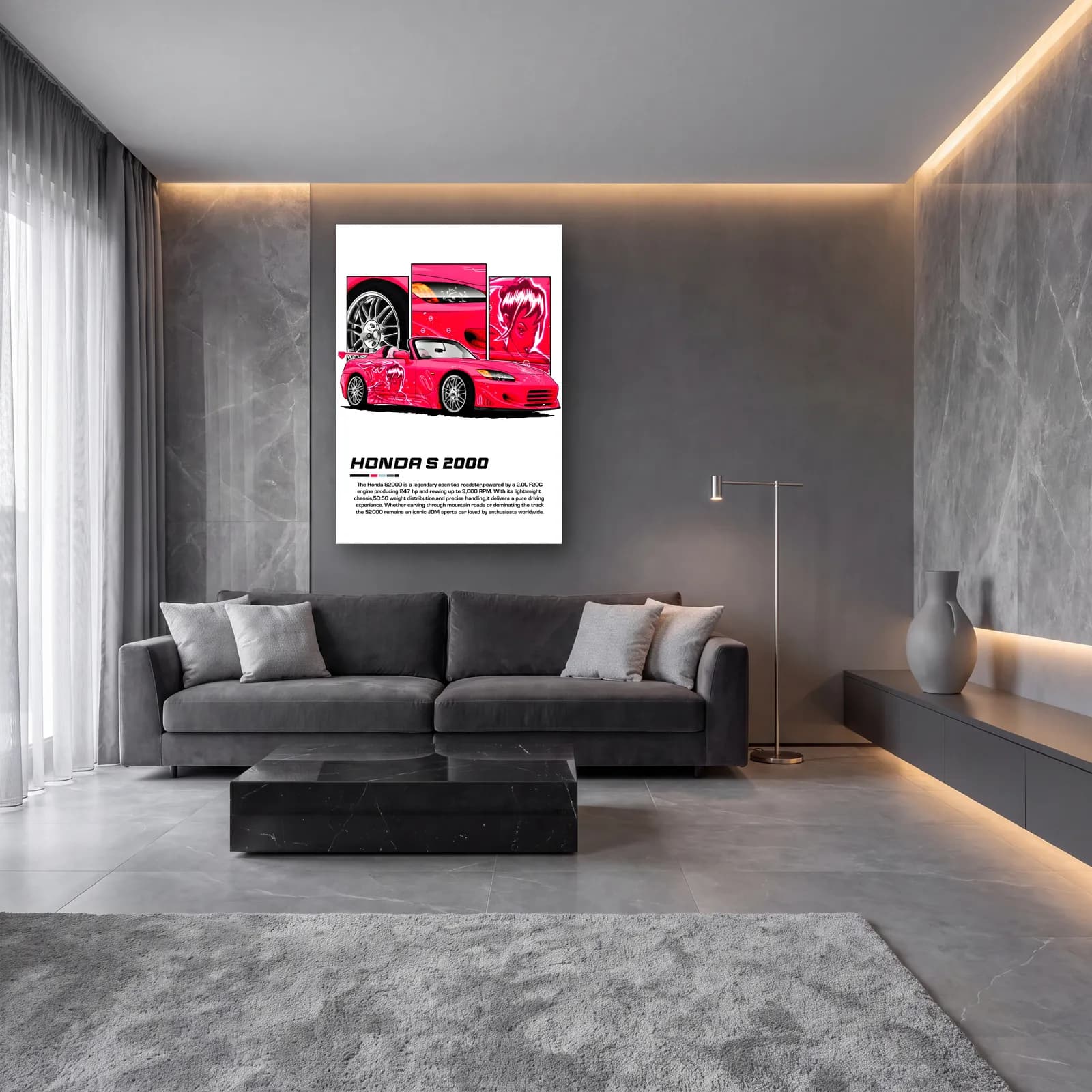 Honda S2000 Pembe cam tablo — lüks salon duvarında