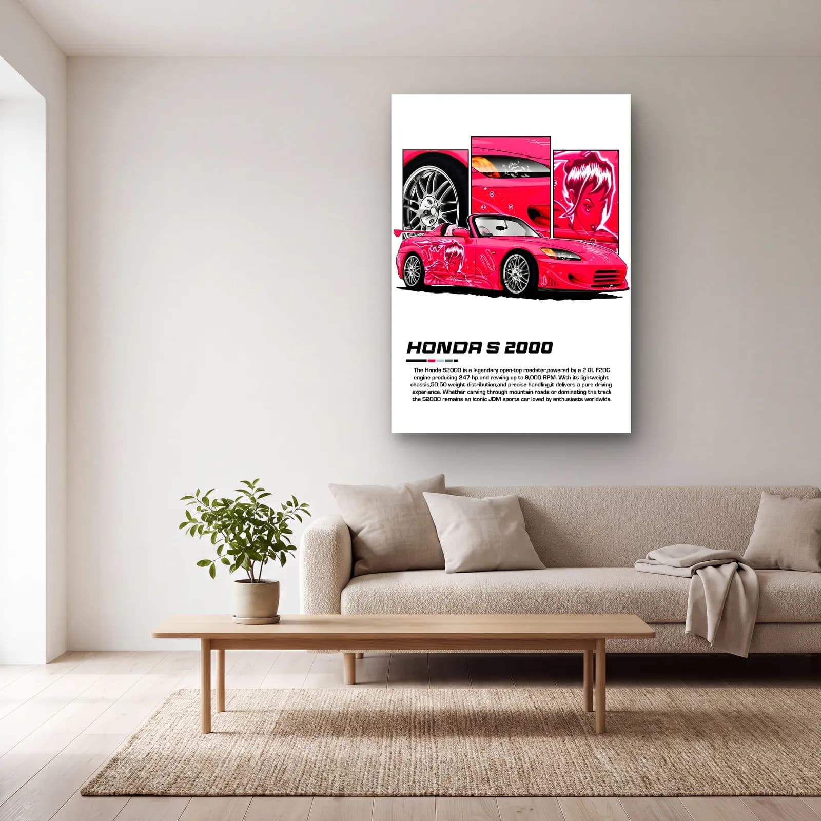 Honda S2000 Pembe cam tablo — açık renk salonda