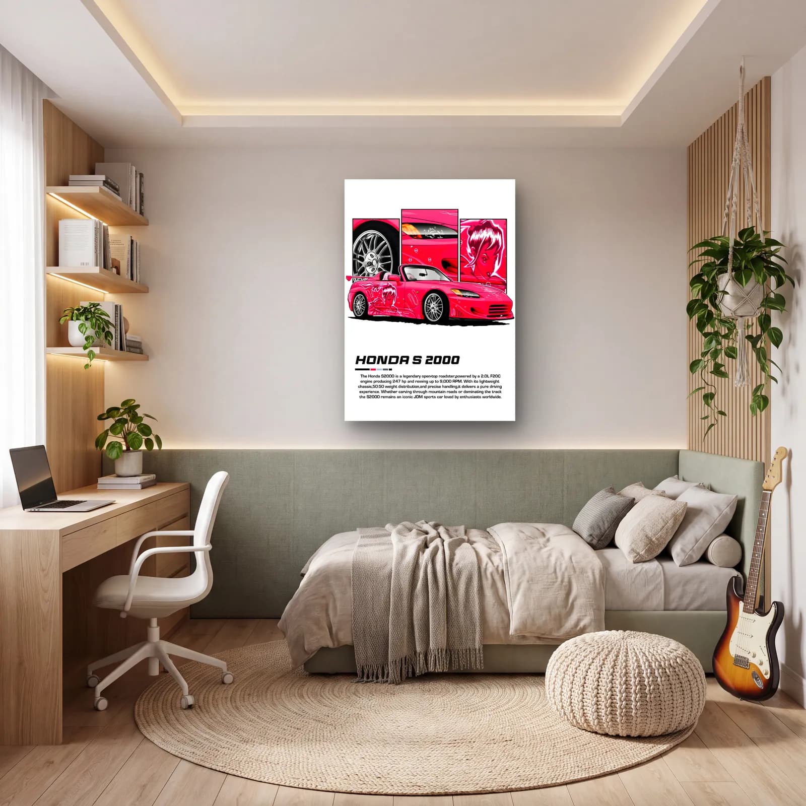 Honda S2000 Pembe cam tablo — genç odasında