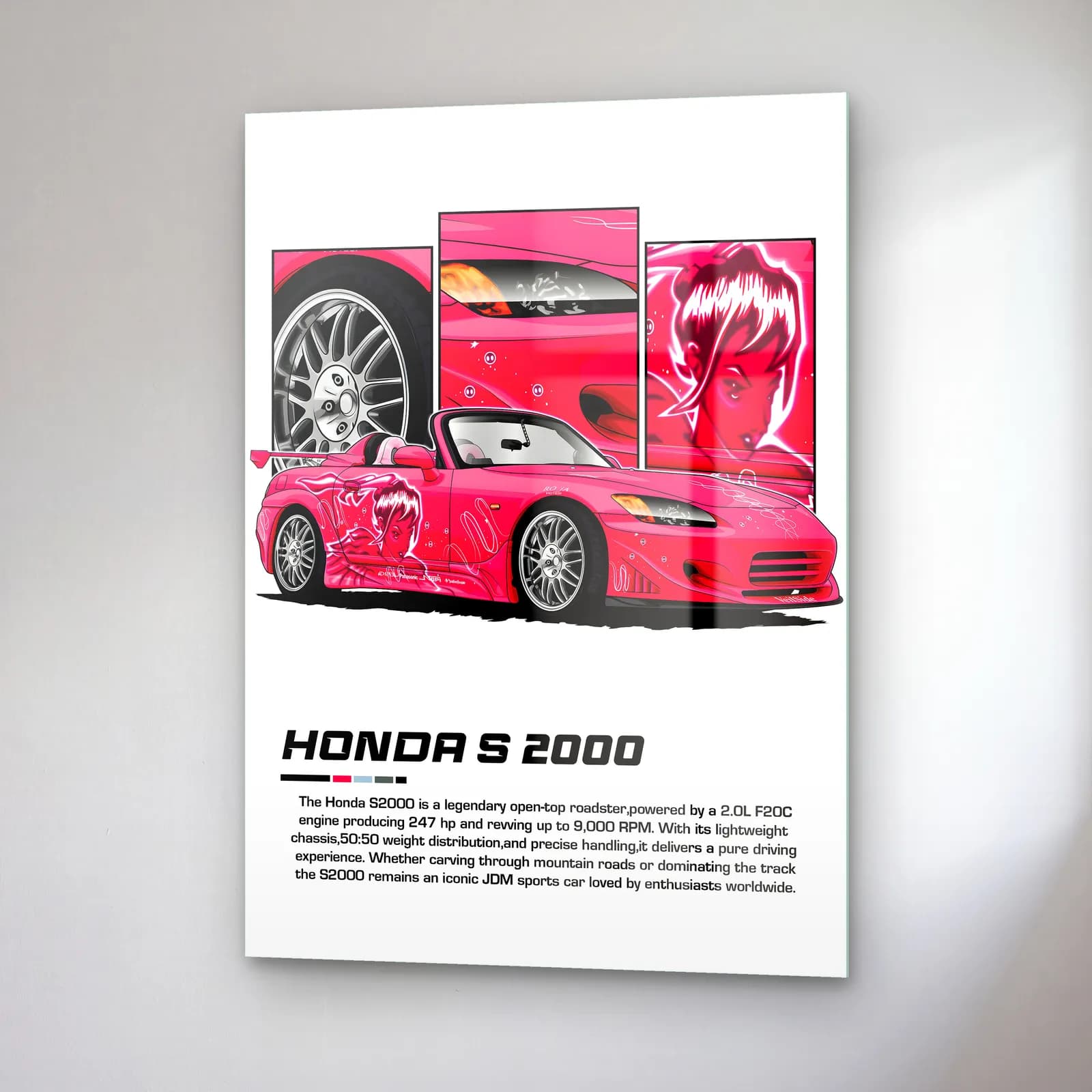 Honda S2000 Pembe cam tablo — sağ açıdan görünüm