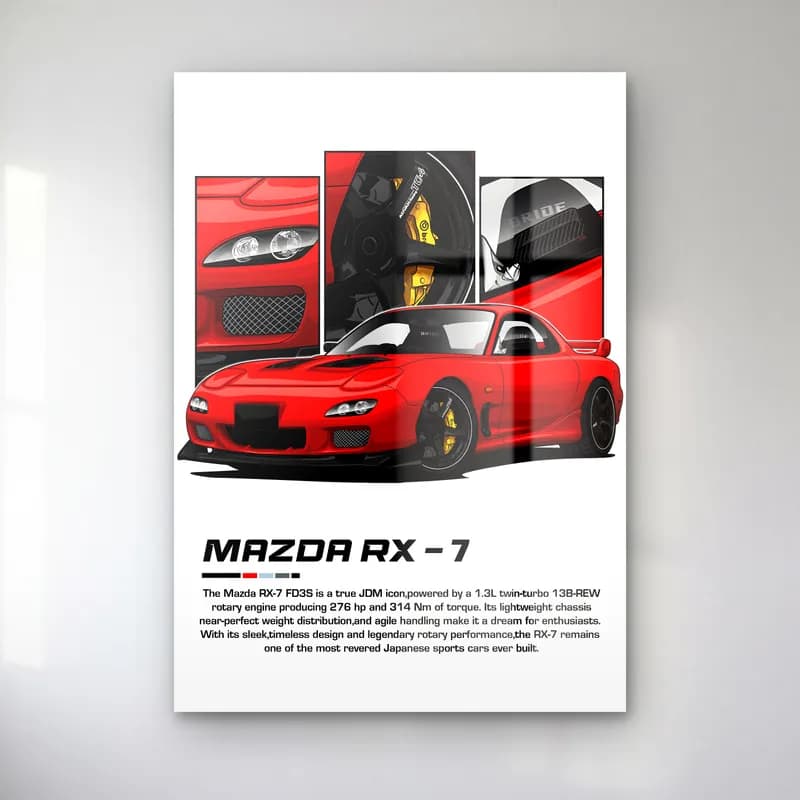 Mazda RX-7 Kırmızı cam tablo — Beyaz zeminde kırmızı Mazda RX-7 ve detay panelleri