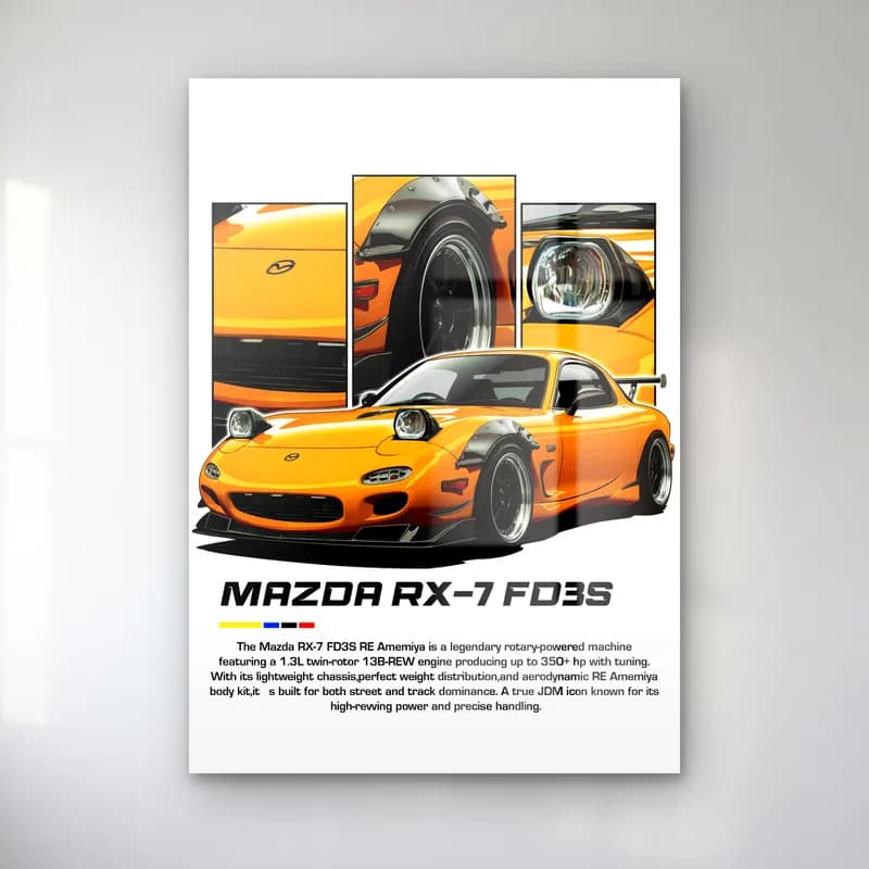 Mazda RX-7 FD3S Turuncu cam tablo — Beyaz zeminde turuncu Mazda RX-7 FD3S ve detay panelleri