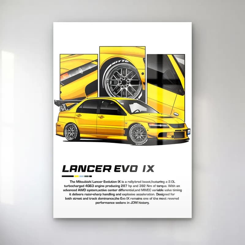 Mitsubishi Lancer Evo IX cam tablo — Beyaz zeminde sarı Mitsubishi Lancer Evo IX ve detay panelleri