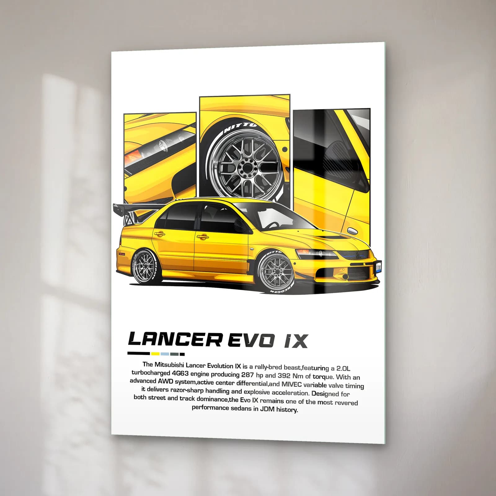 Mitsubishi Lancer Evo IX cam tablo — sağ açıdan görünüm