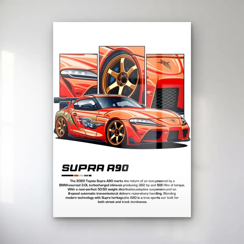Toyota Supra A90 Turuncu cam tablo — Beyaz zeminde turuncu Toyota Supra A90 ve detay panelleri