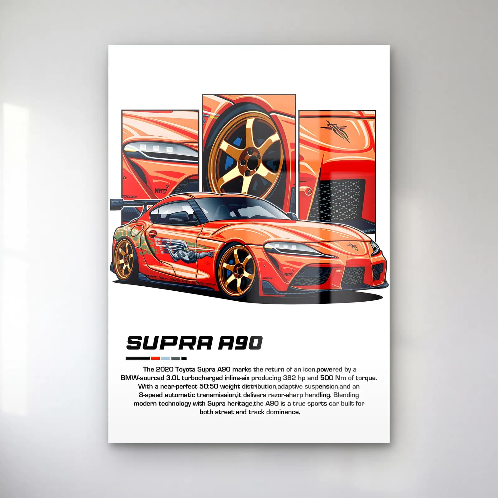 Toyota Supra A90 Turuncu cam tablo — Beyaz zeminde turuncu Toyota Supra A90 ve detay panelleri