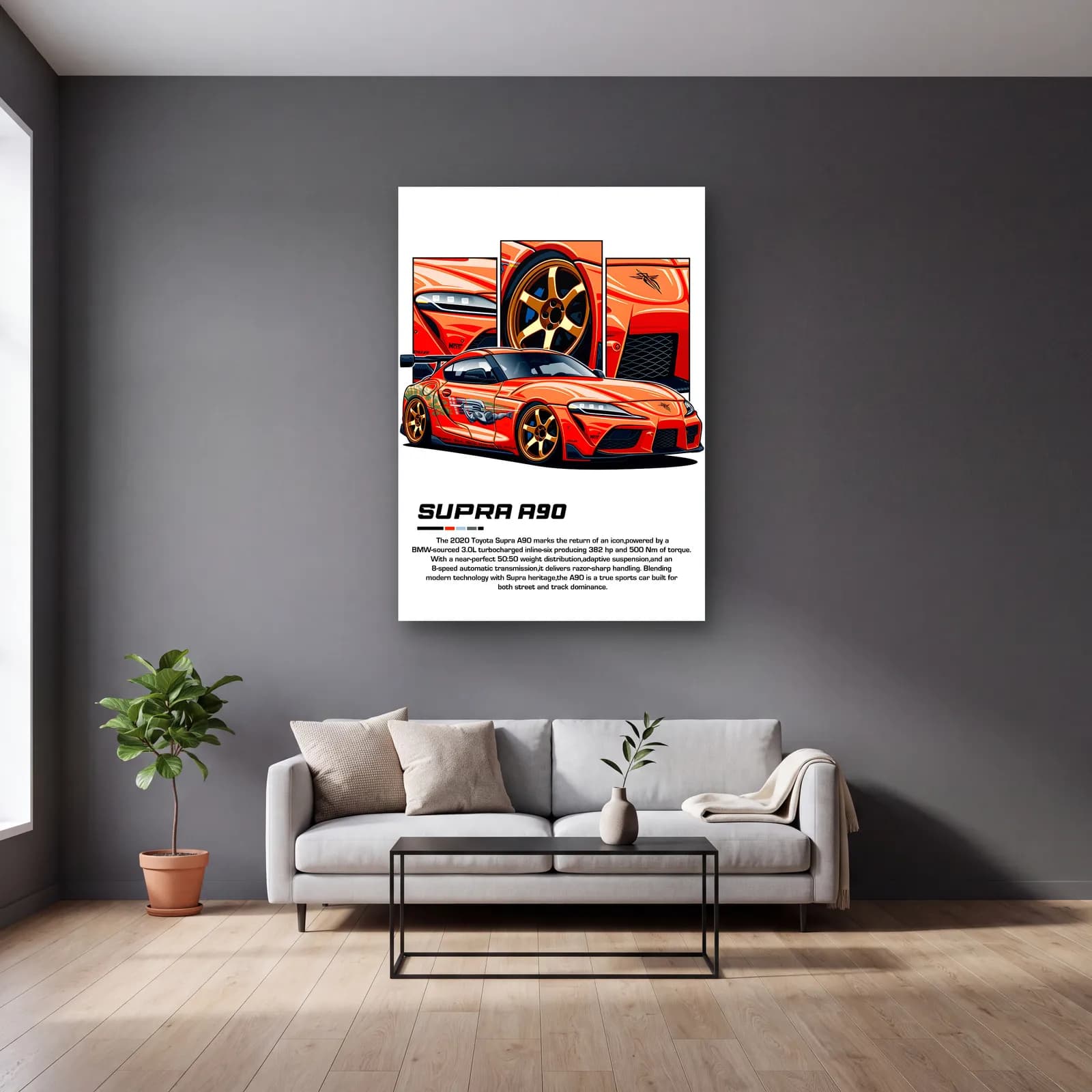 Toyota Supra A90 Turuncu cam tablo — gri duvarlı salonda
