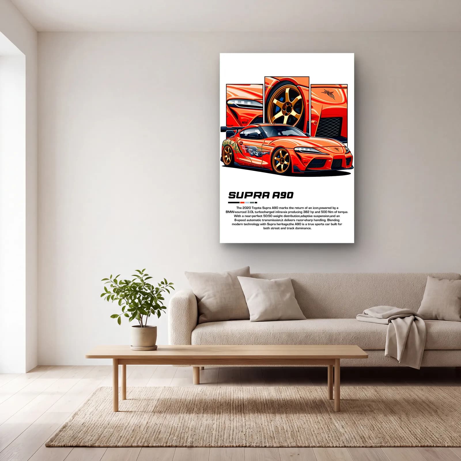 Toyota Supra A90 Turuncu cam tablo — açık renk salonda