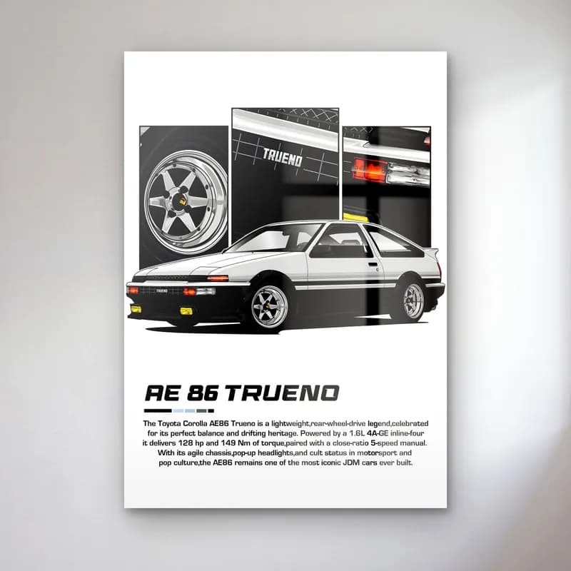 Toyota AE86 Trueno cam tablo — Beyaz zeminde beyaz siyah Toyota AE86 Trueno ve detay panelleri