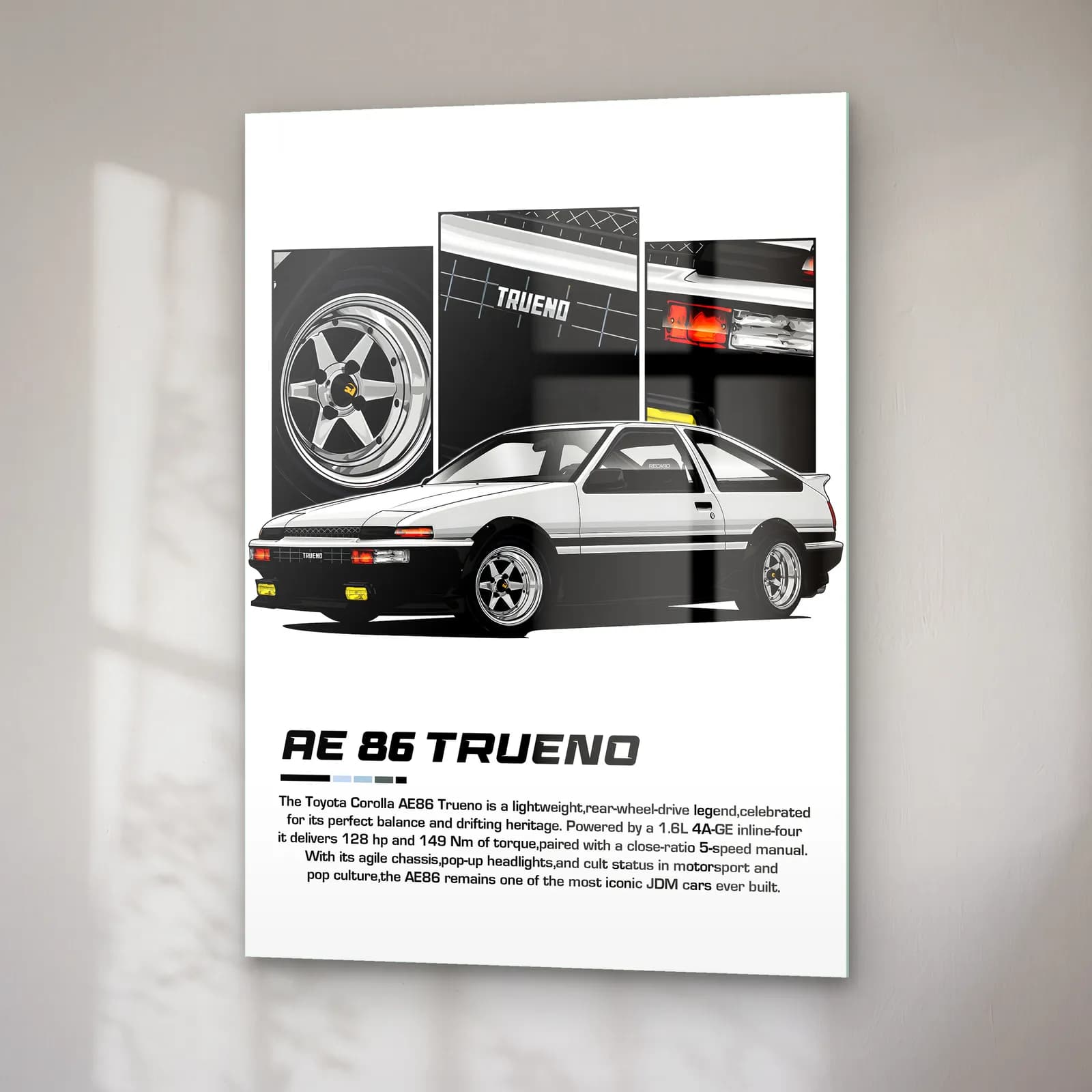 Toyota AE86 Trueno cam tablo — sağ açıdan görünüm