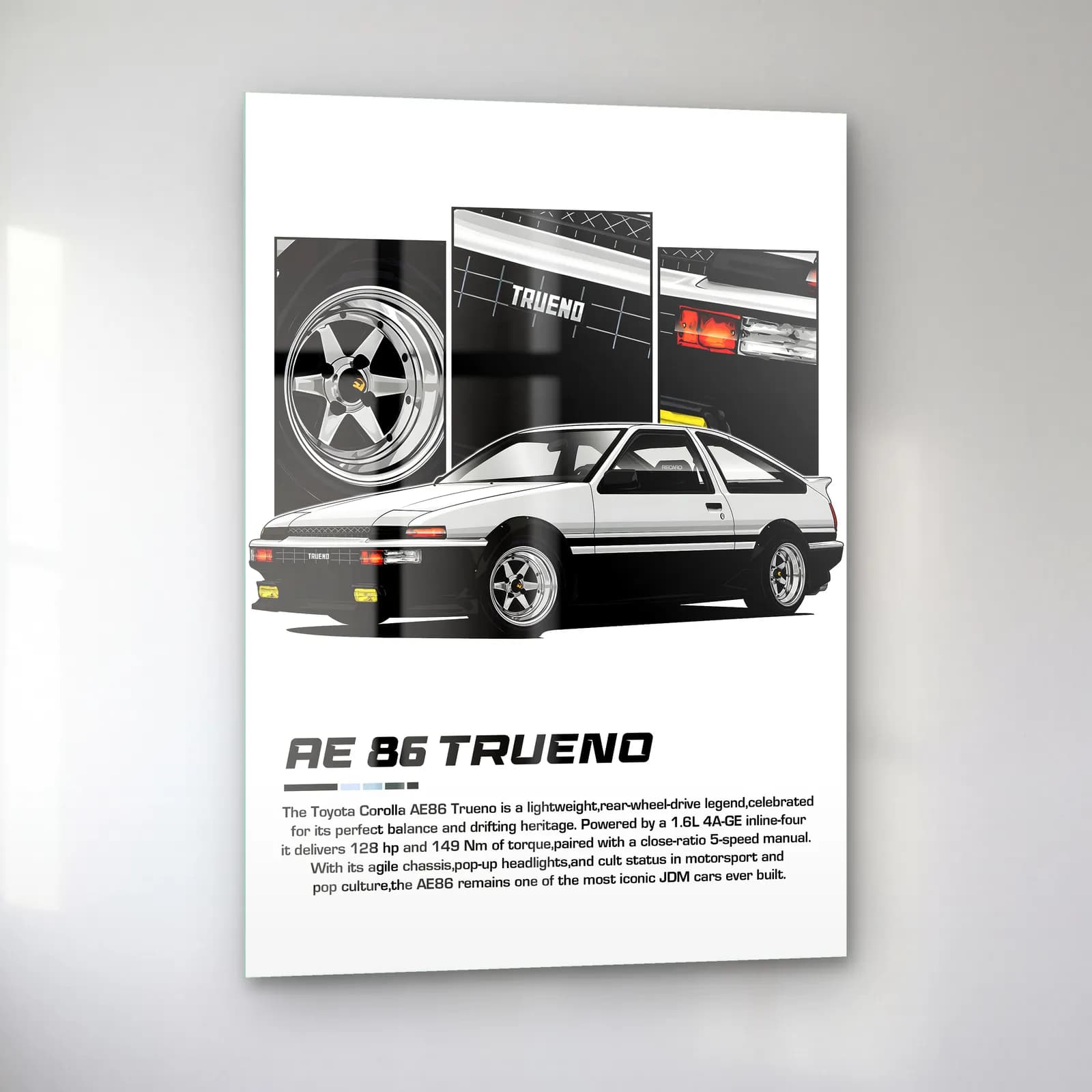 Toyota AE86 Trueno cam tablo — sol açıdan görünüm