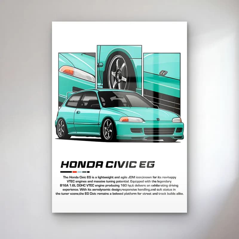 Honda Civic EG Turkuaz cam tablo — Beyaz zeminde turkuaz Honda Civic EG ve detay panelleri