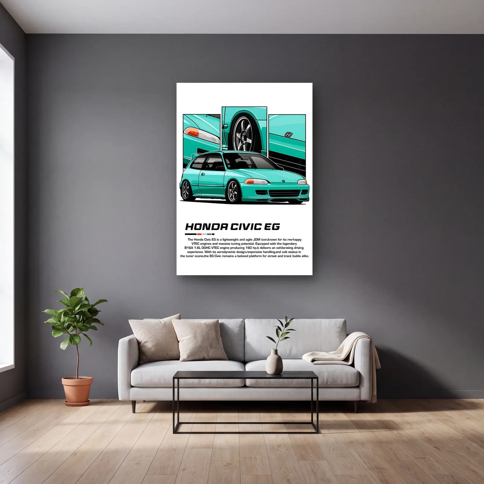 Honda Civic EG Turkuaz cam tablo — gri duvarlı salonda