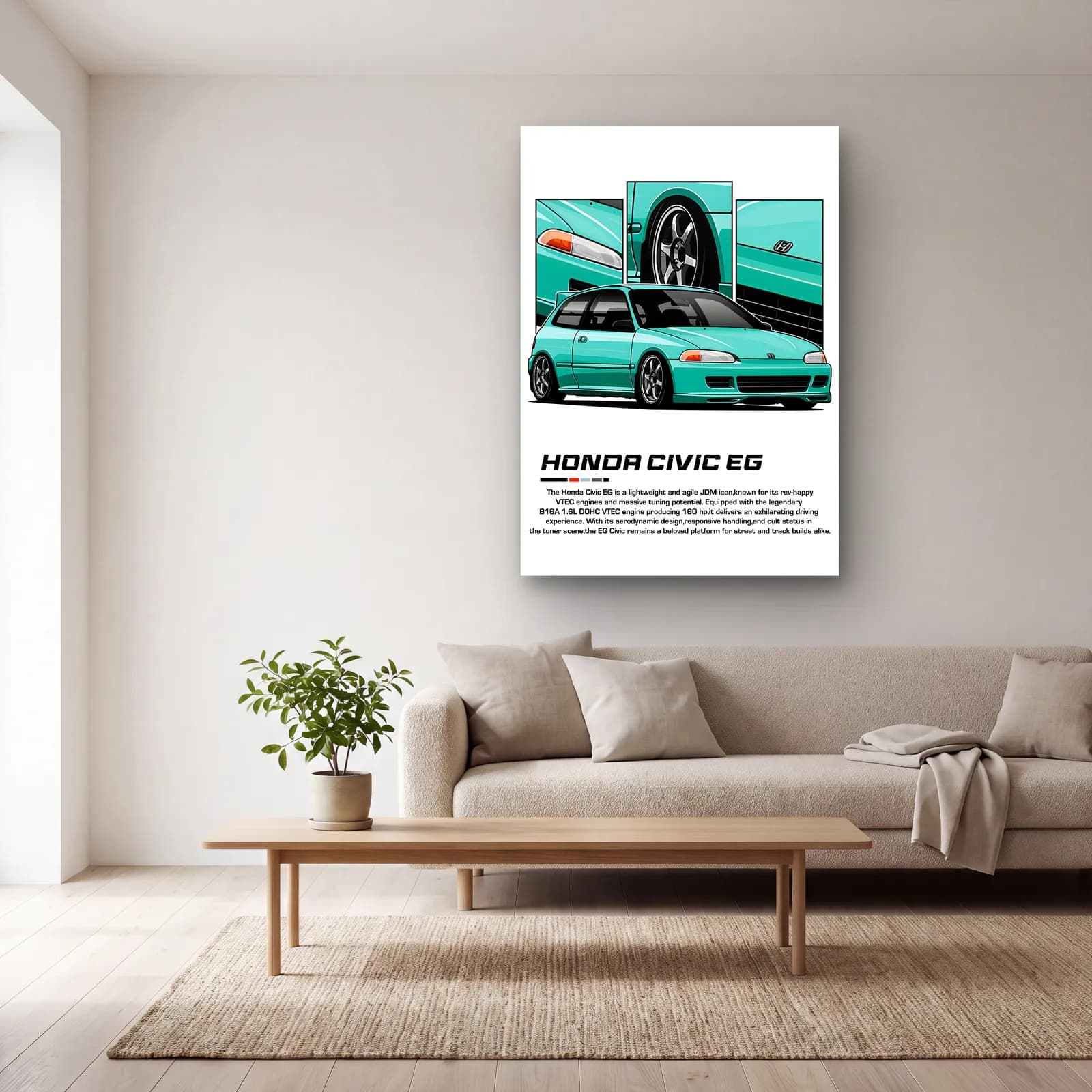Honda Civic EG Turkuaz cam tablo — açık renk salonda
