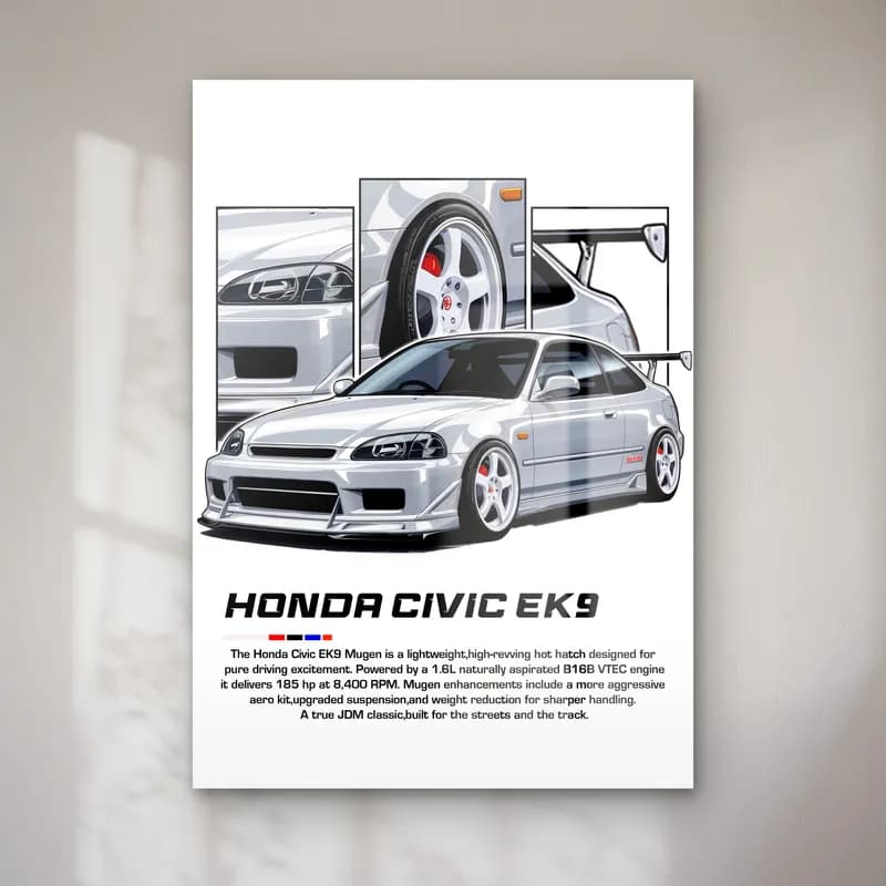 Honda Civic EK9 Gümüş cam tablo — Beyaz zeminde gümüş Honda Civic EK9 ve detay panelleri