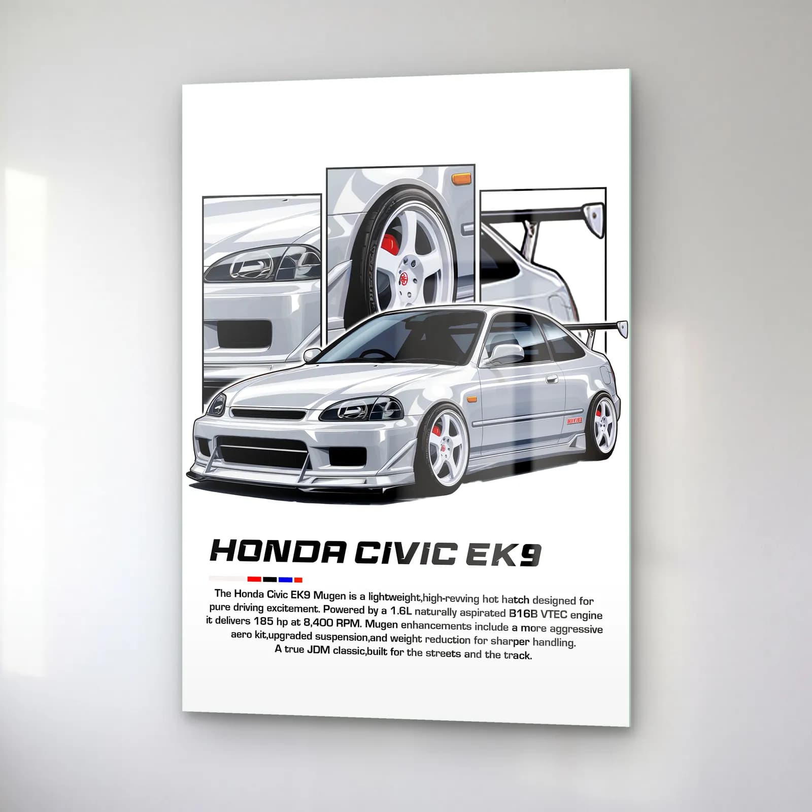 Honda Civic EK9 Gümüş cam tablo — sağ açıdan görünüm