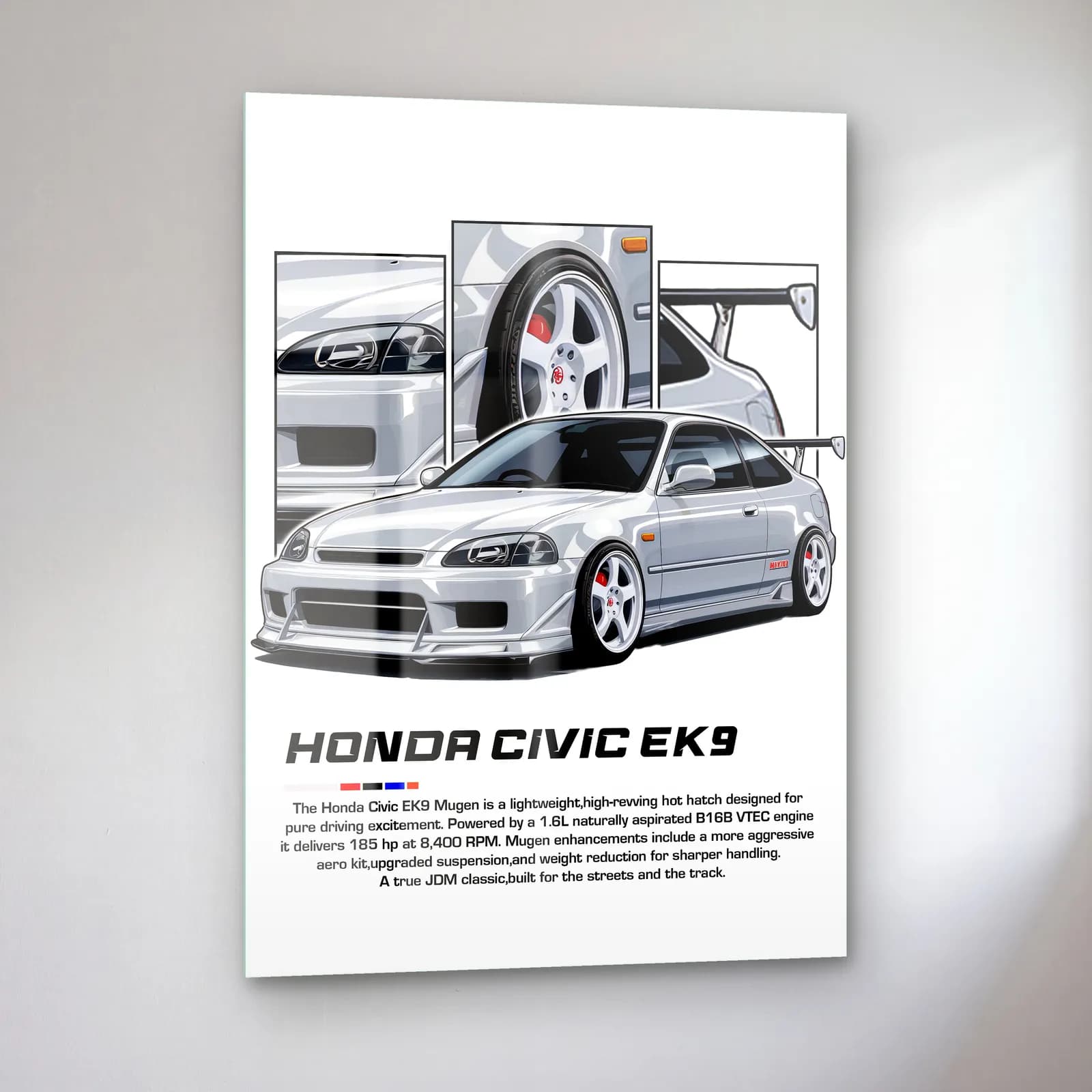 Honda Civic EK9 Gümüş cam tablo — sol açıdan görünüm