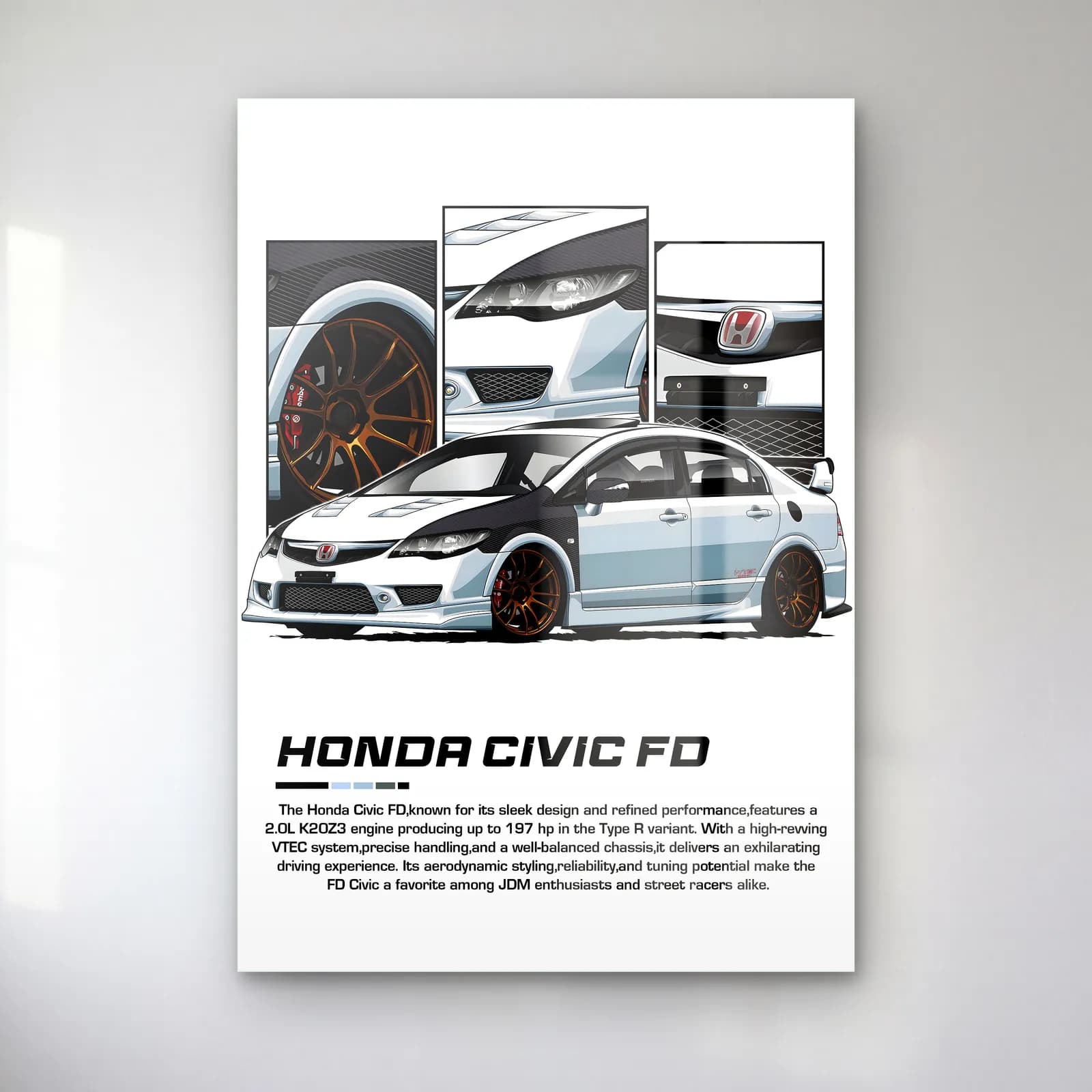 Honda Civic FD Beyaz cam tablo — Beyaz zeminde beyaz Honda Civic FD ve detay panelleri