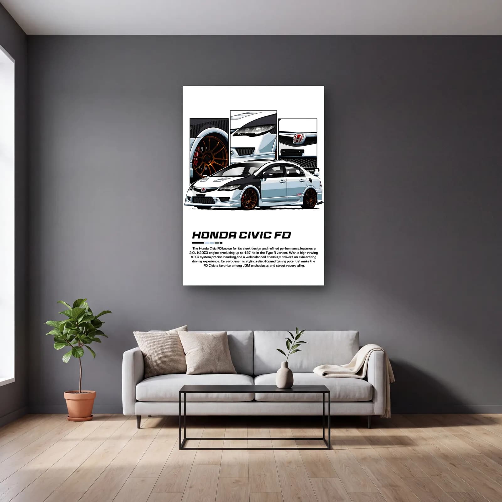 Honda Civic FD Beyaz cam tablo — gri duvarlı salonda