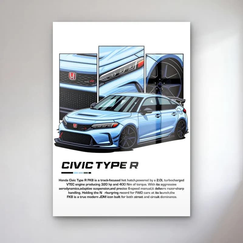 Honda Civic Type R FK8 cam tablo — Beyaz zeminde açık mavi Honda Civic Type R ve detay panelleri