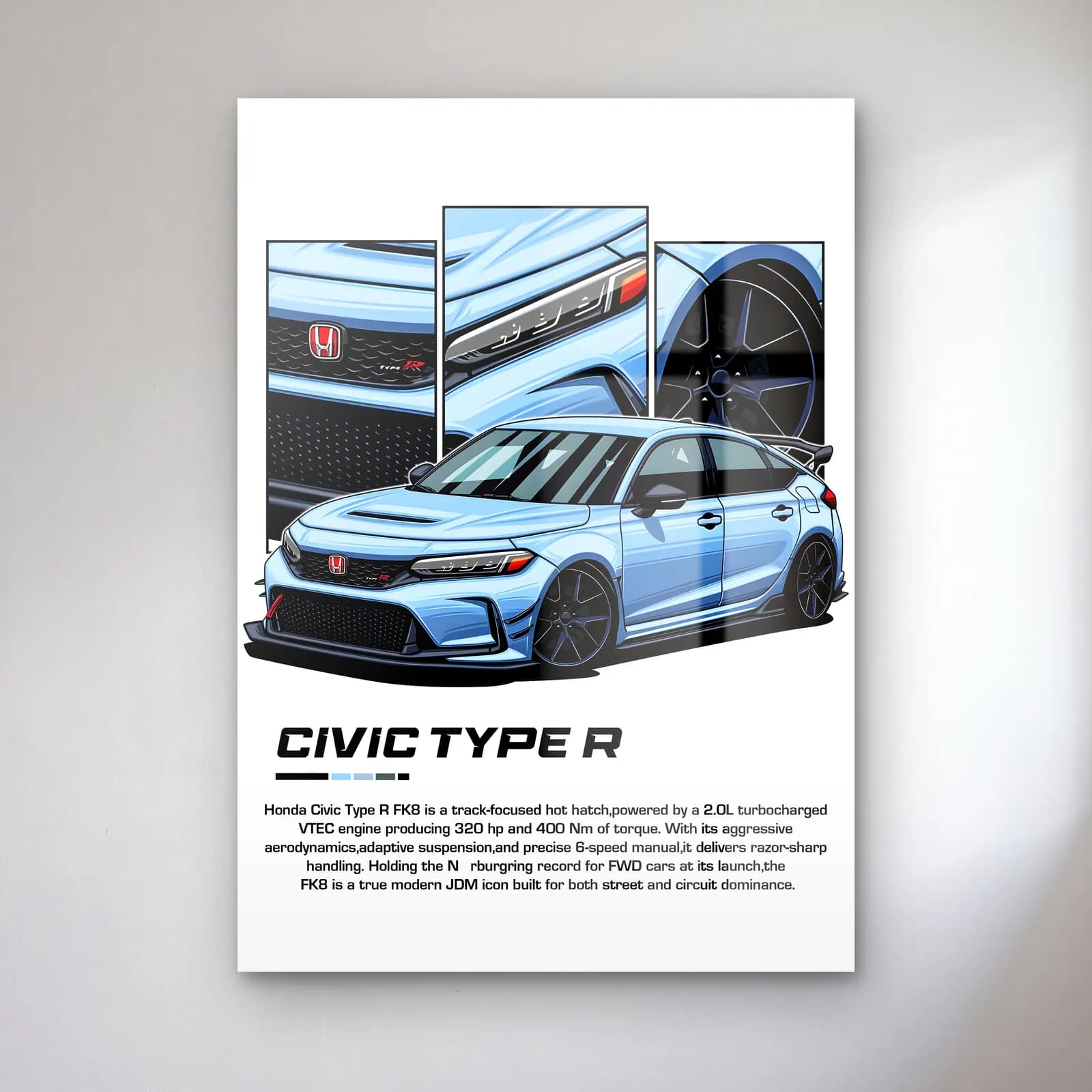 Honda Civic Type R FK8 cam tablo — Beyaz zeminde açık mavi Honda Civic Type R ve detay panelleri