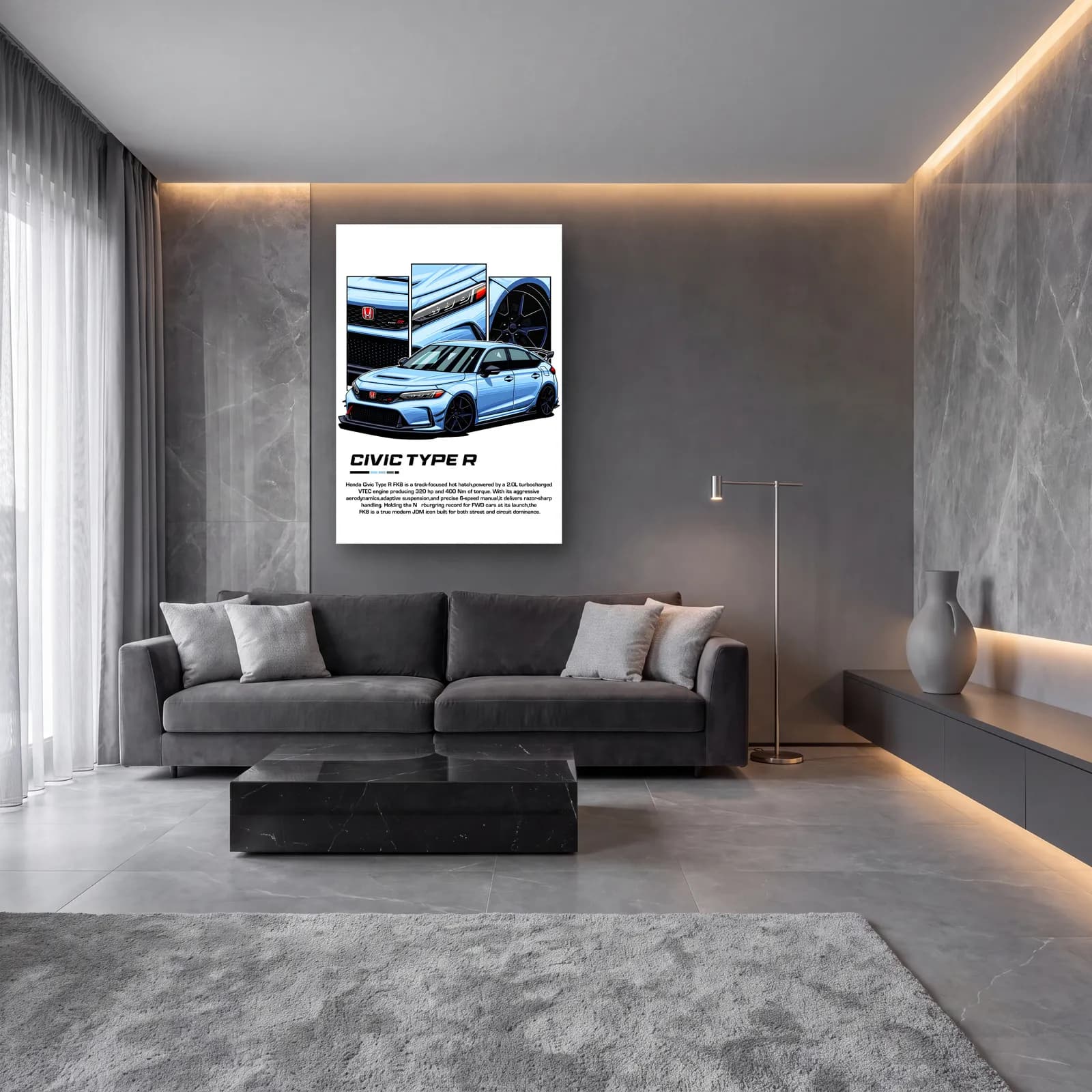 Honda Civic Type R FK8 cam tablo — lüks salon duvarında