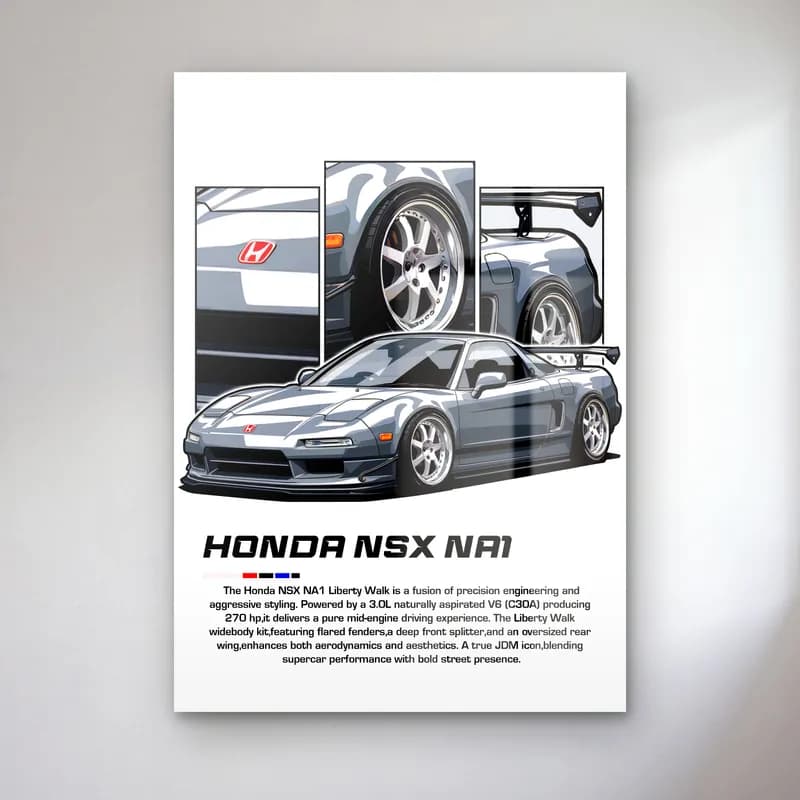 Honda NSX NA1 Gümüş cam tablo — Beyaz zeminde gümüş geniş kasa Honda NSX NA1 ve detay panelleri
