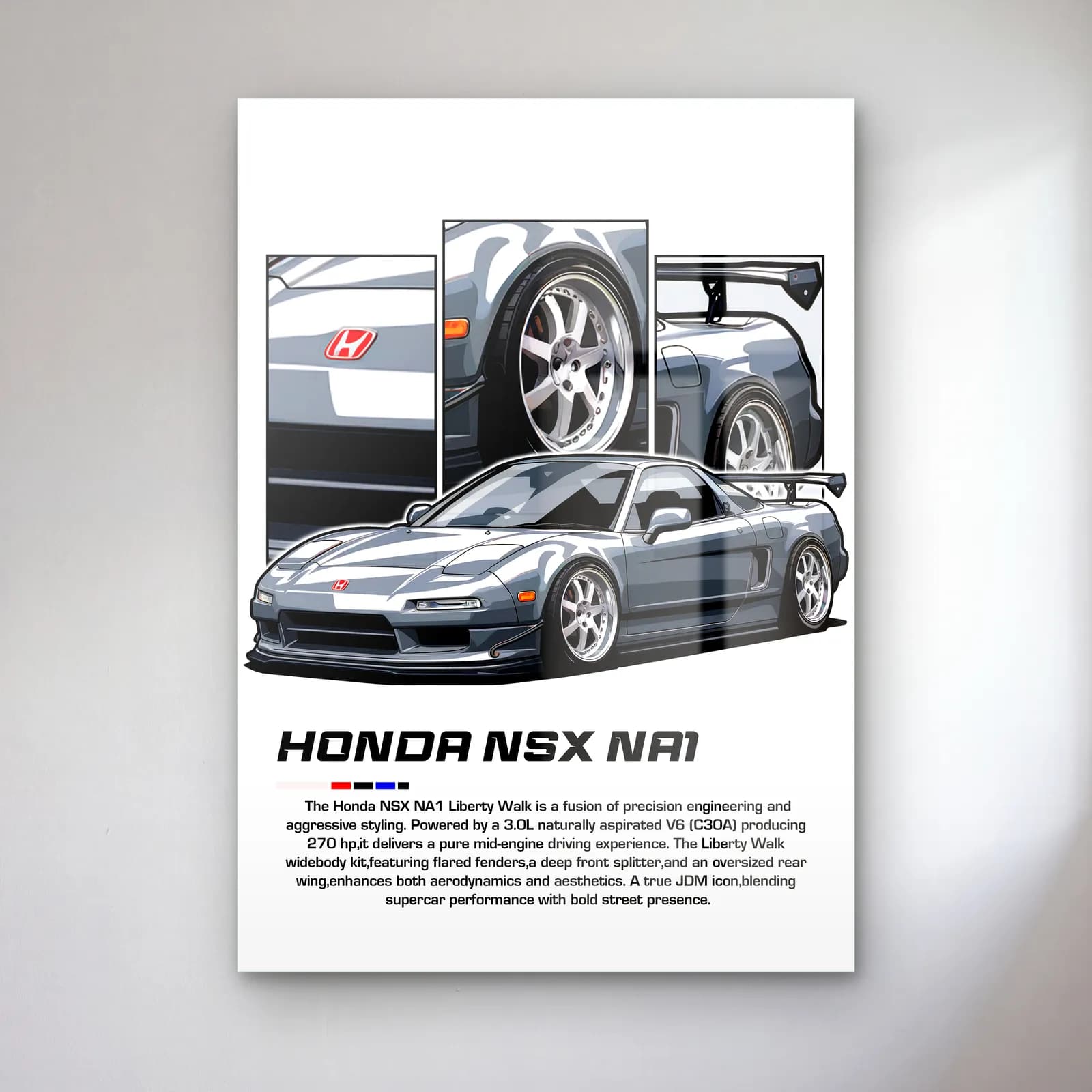 Honda NSX NA1 Gümüş cam tablo — Beyaz zeminde gümüş geniş kasa Honda NSX NA1 ve detay panelleri