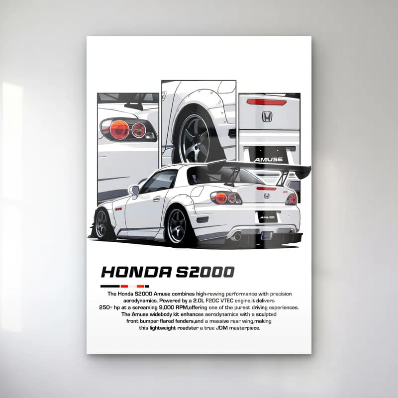 Honda S2000 Beyaz cam tablo — Beyaz zeminde beyaz Honda S2000 ve detay panelleri