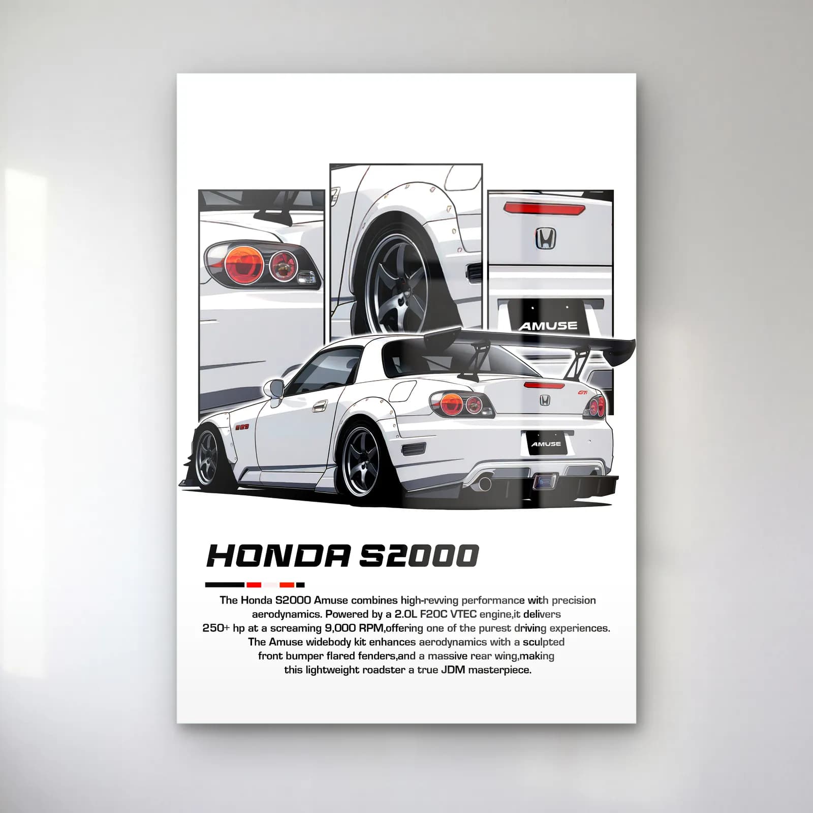 Honda S2000 Beyaz cam tablo — Beyaz zeminde beyaz Honda S2000 ve detay panelleri