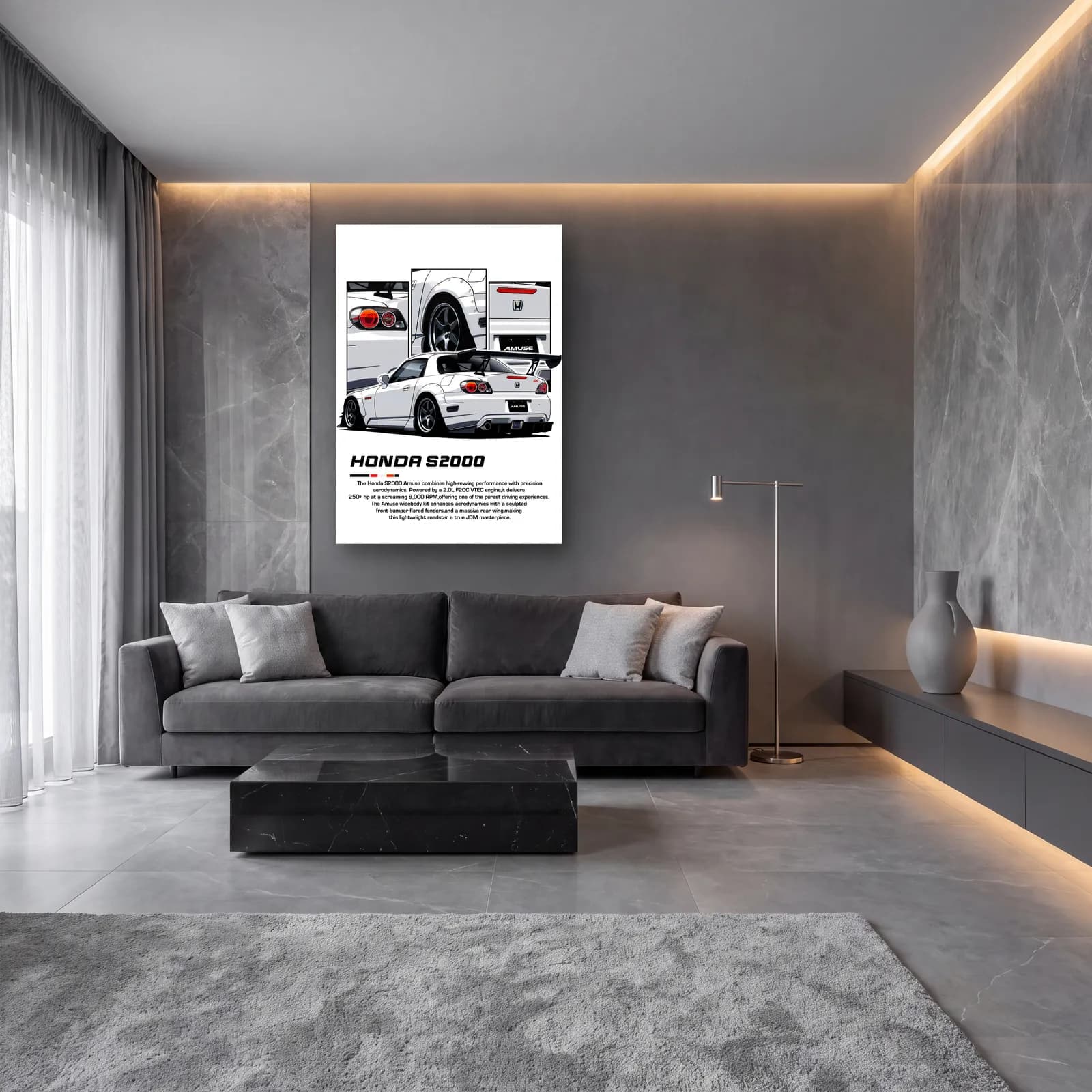 Honda S2000 Beyaz cam tablo — lüks salon duvarında
