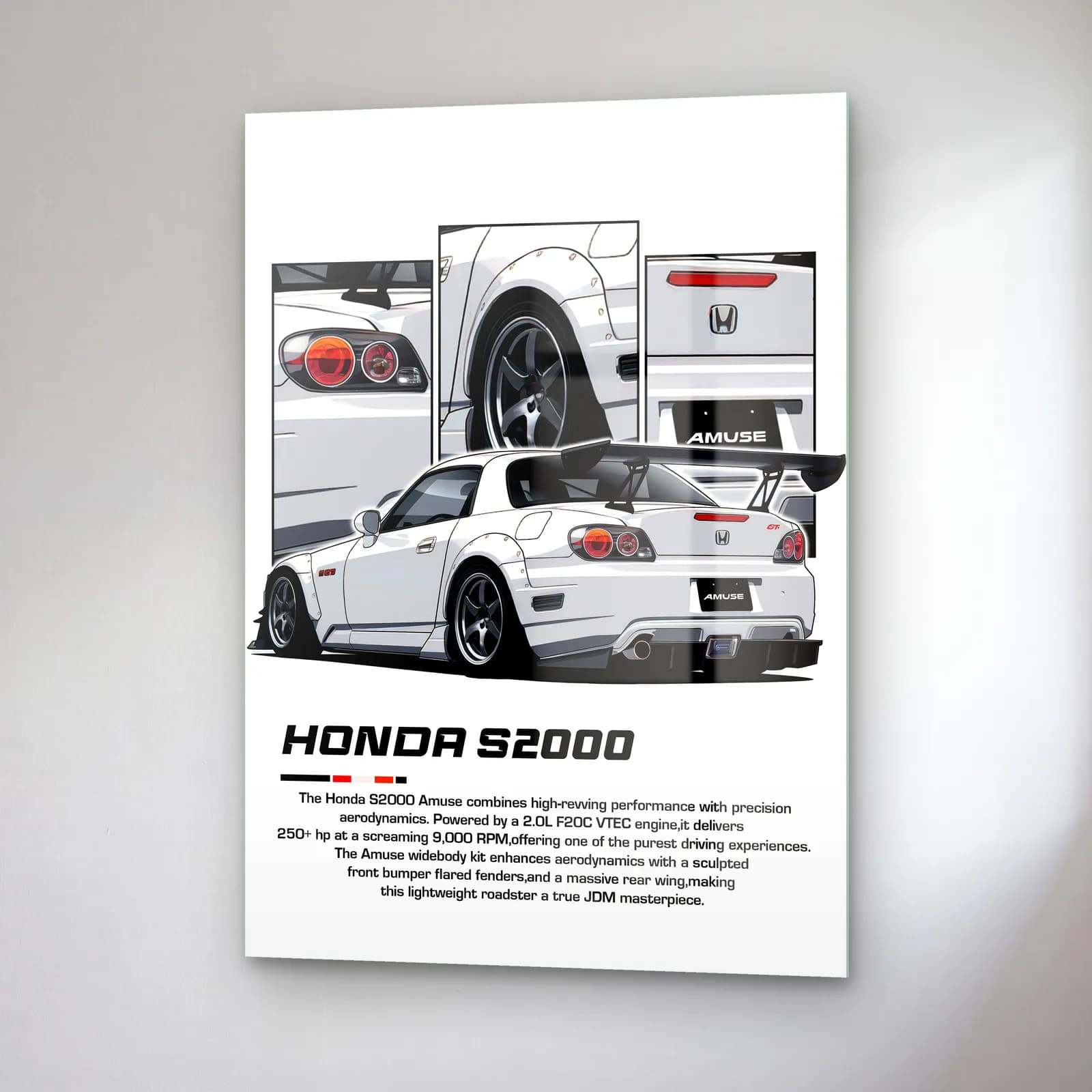 Honda S2000 Beyaz cam tablo — sağ açıdan görünüm