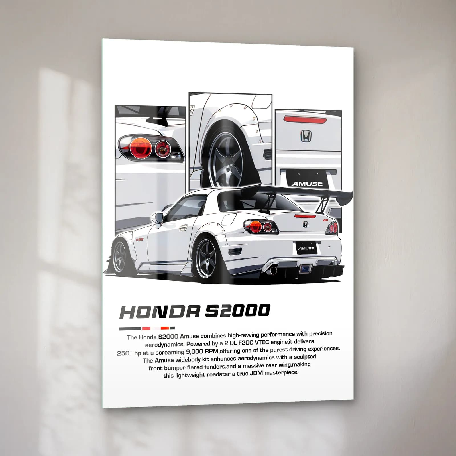 Honda S2000 Beyaz cam tablo — sol açıdan görünüm