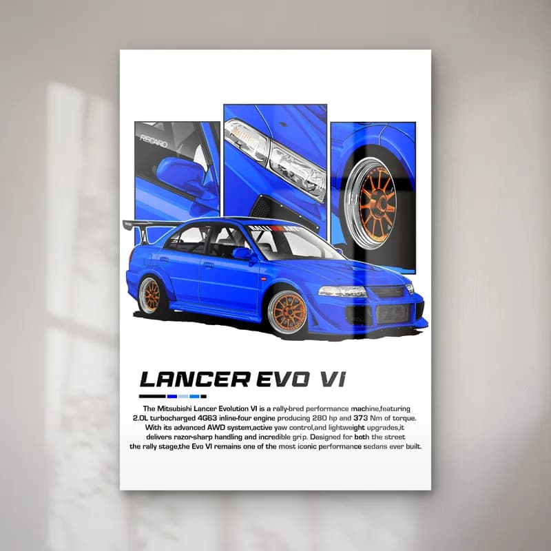 Mitsubishi Lancer Evo VI cam tablo — Beyaz zeminde mavi Mitsubishi Lancer Evo VI ve detay panelleri