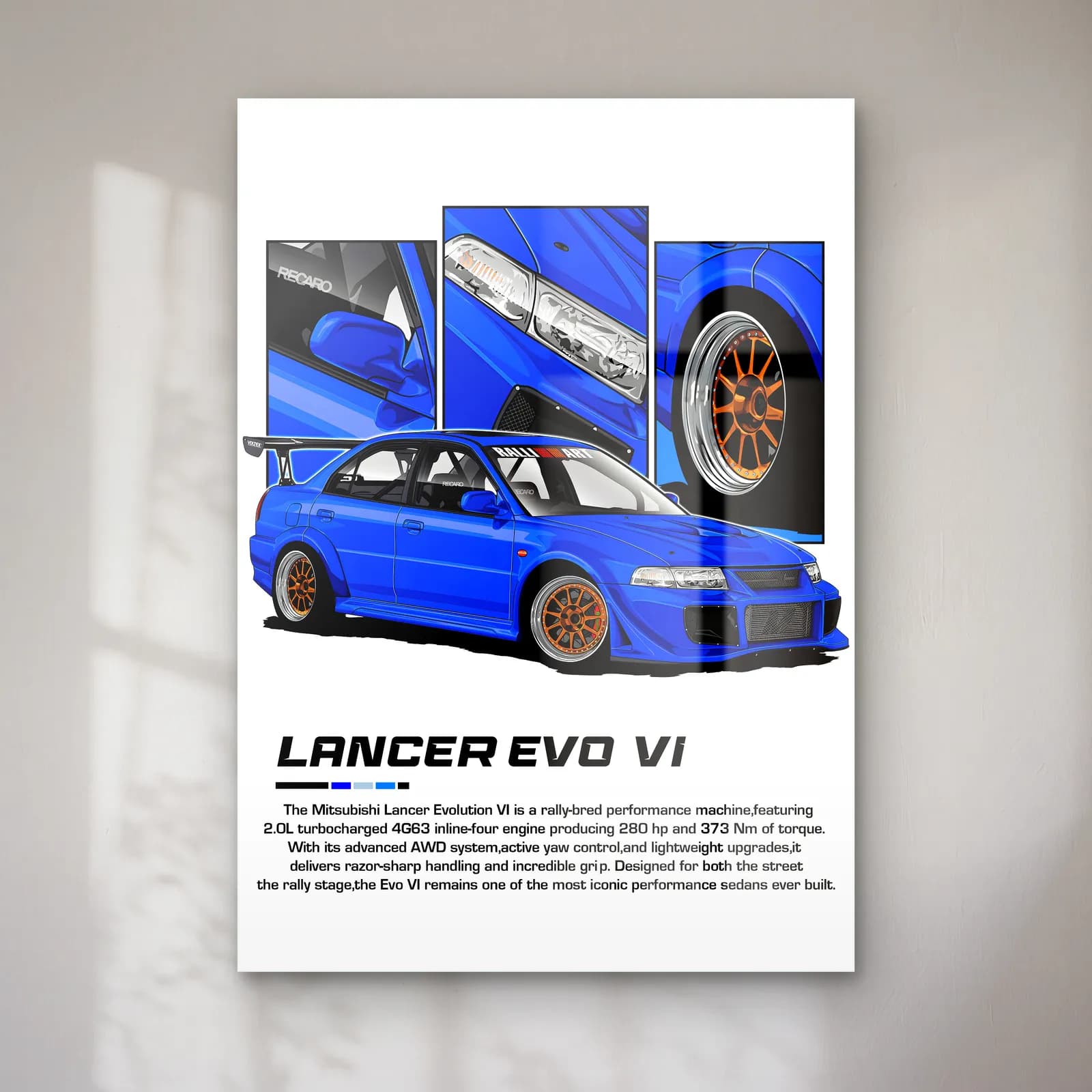 Mitsubishi Lancer Evo VI cam tablo — Beyaz zeminde mavi Mitsubishi Lancer Evo VI ve detay panelleri
