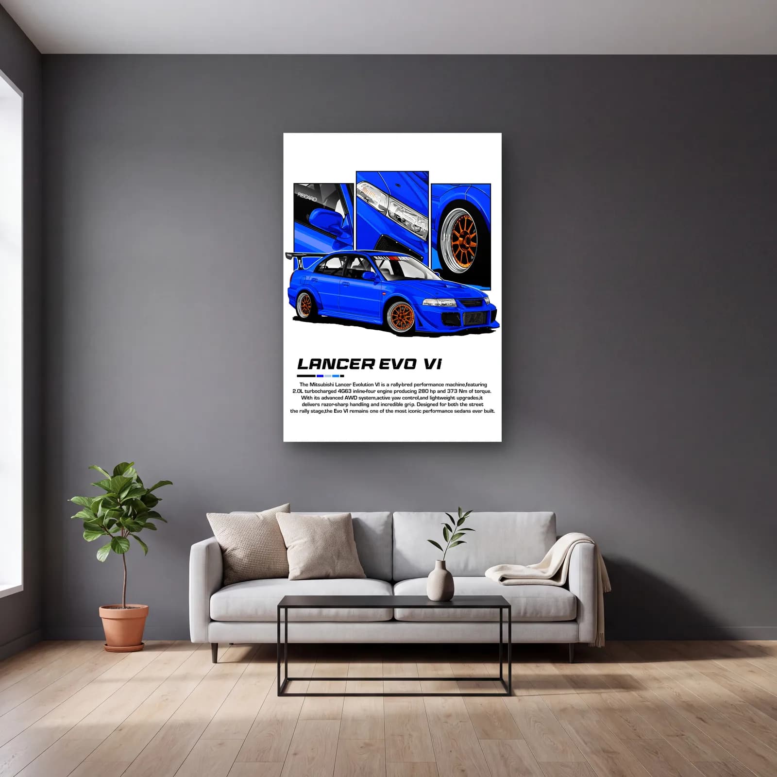 Mitsubishi Lancer Evo VI cam tablo — gri duvarlı salonda