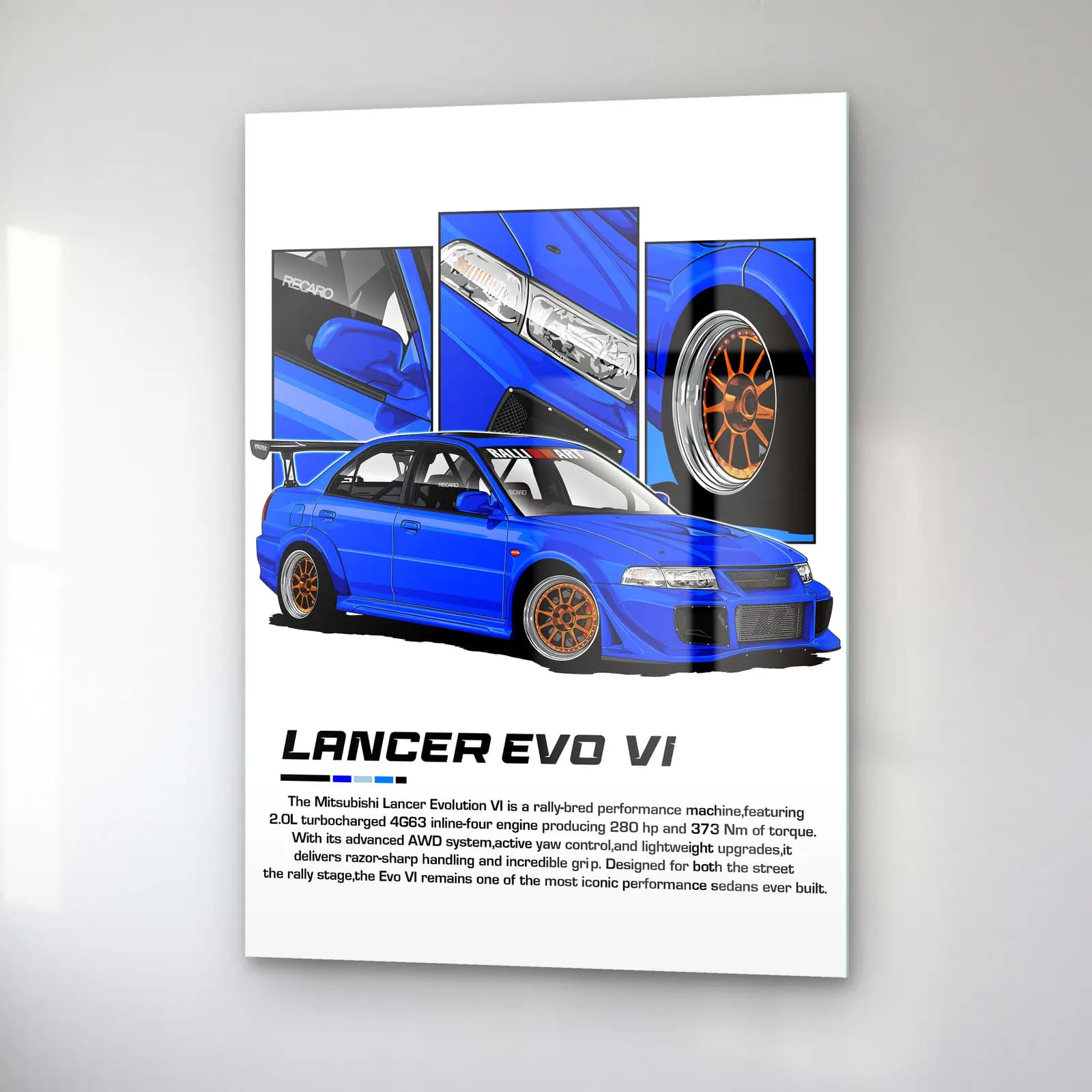 Mitsubishi Lancer Evo VI cam tablo — sağ açıdan görünüm