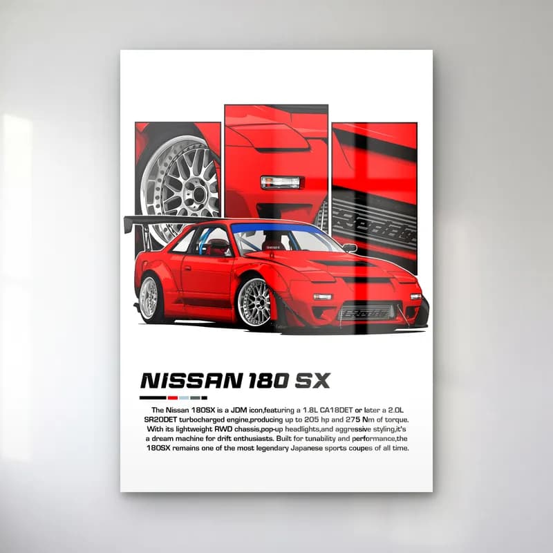 Nissan 180SX Kırmızı cam tablo — Beyaz zeminde kırmızı Nissan 180SX ve detay panelleri