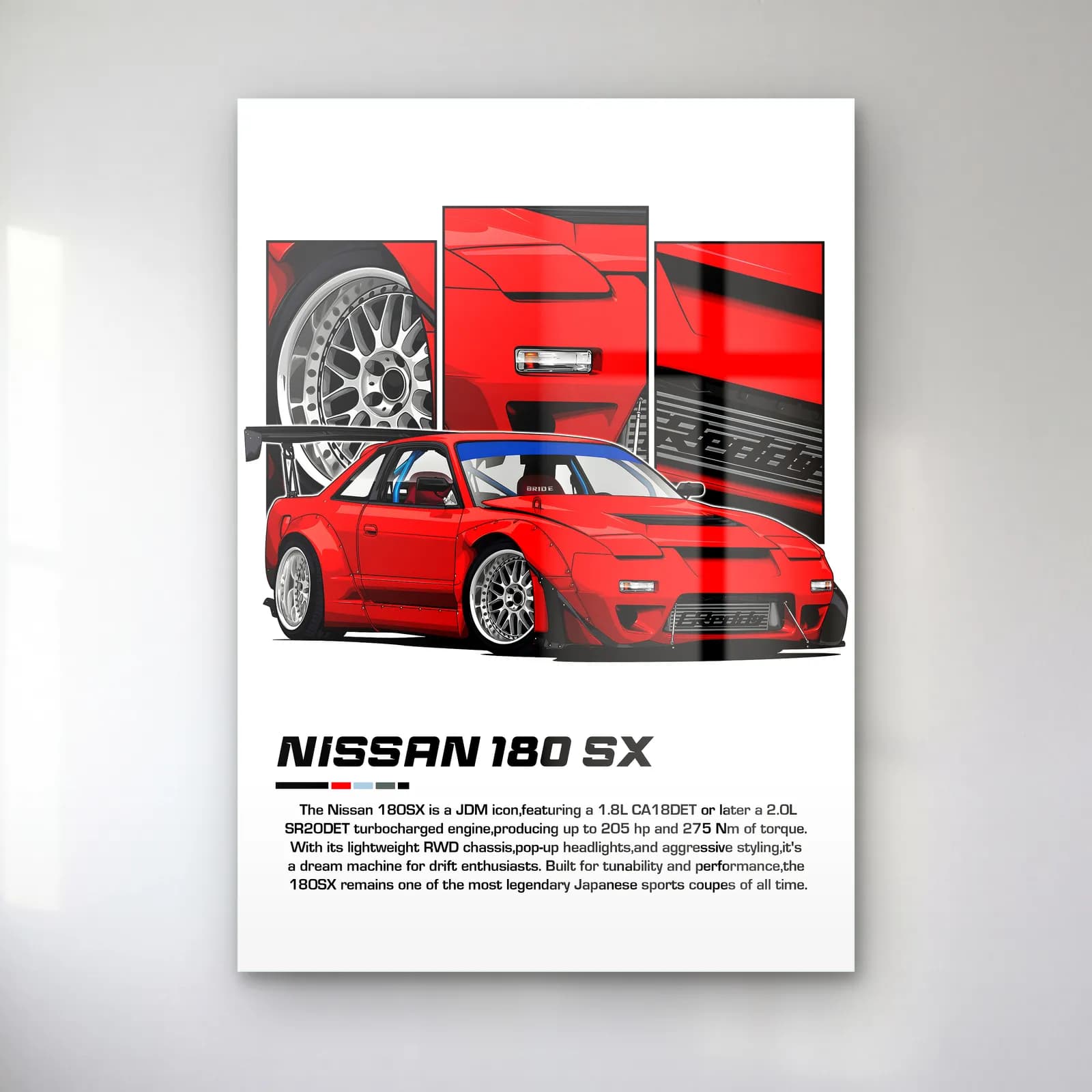 Nissan 180SX Kırmızı cam tablo — Beyaz zeminde kırmızı Nissan 180SX ve detay panelleri