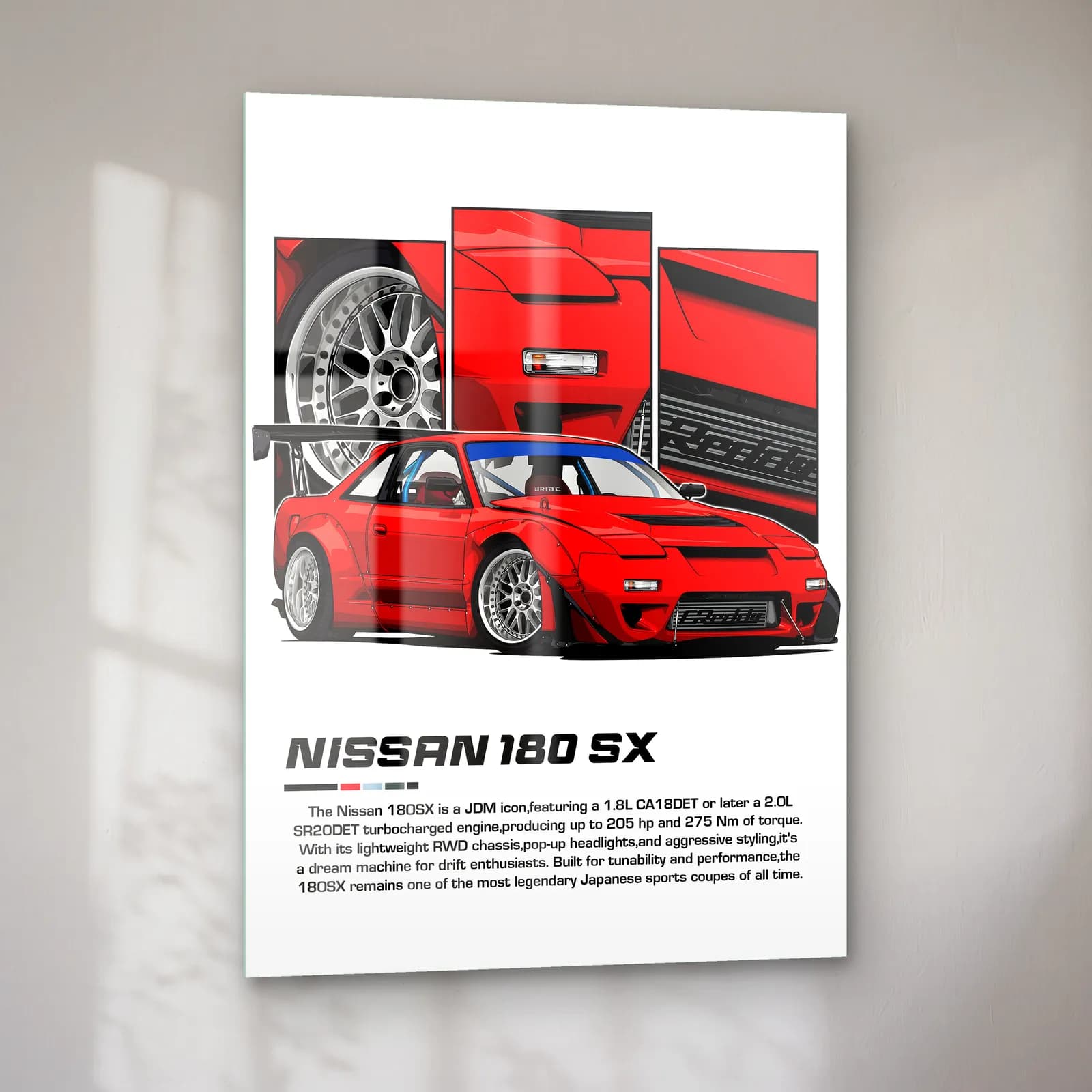 Nissan 180SX Kırmızı cam tablo — sol açıdan görünüm