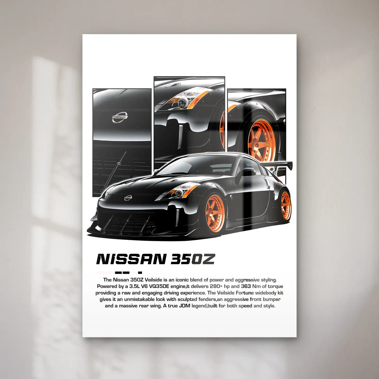 Nissan 350Z Siyah cam tablo — Beyaz zeminde siyah Nissan 350Z ve detay panelleri