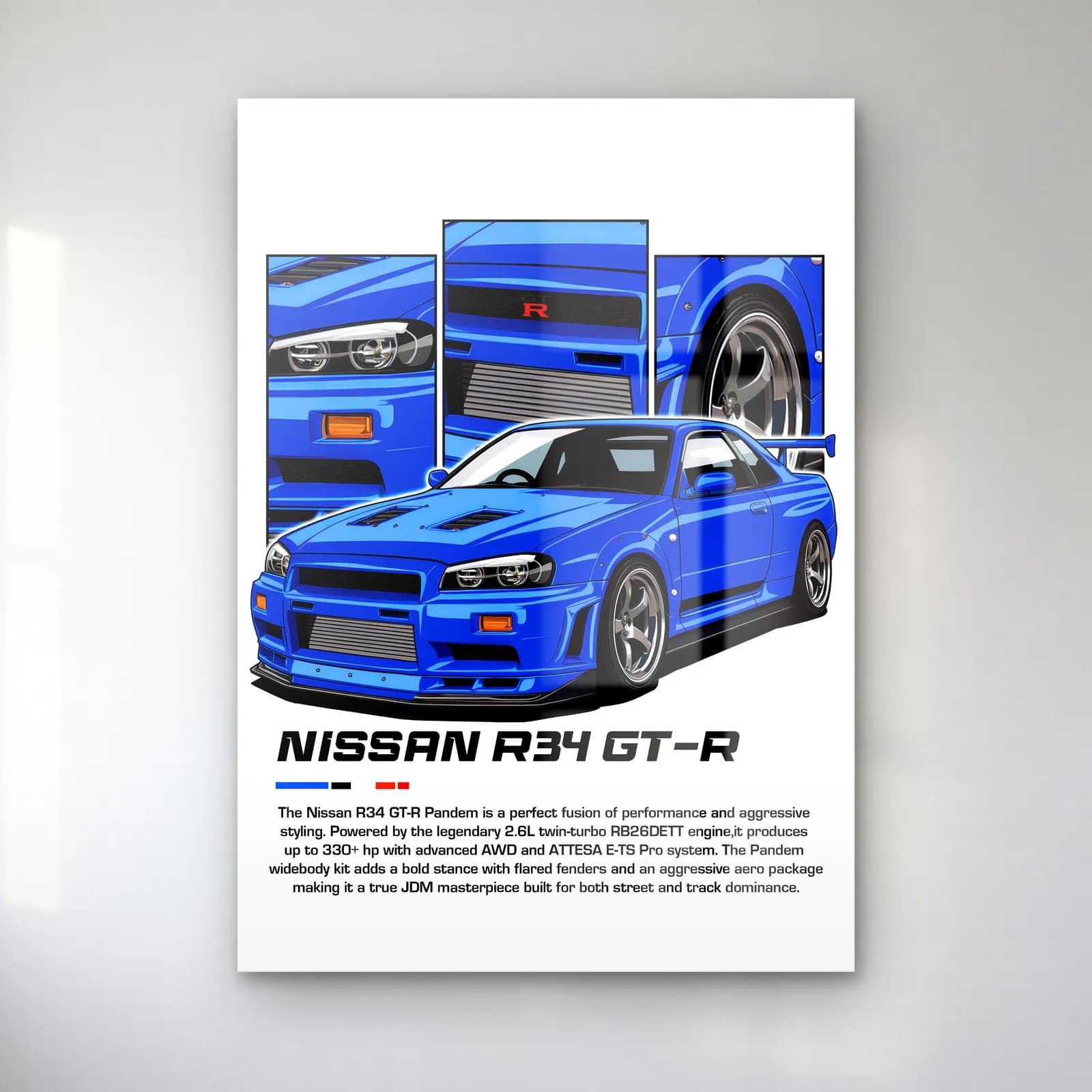 Nissan Skyline R34 GT-R Mavi cam tablo — Beyaz zeminde mavi Nissan Skyline R34 GT-R ve detay panelleri