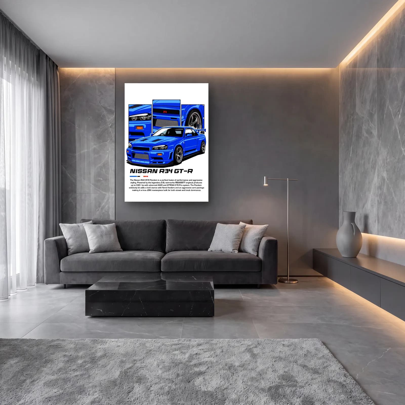 Nissan Skyline R34 GT-R Mavi cam tablo — lüks salon duvarında