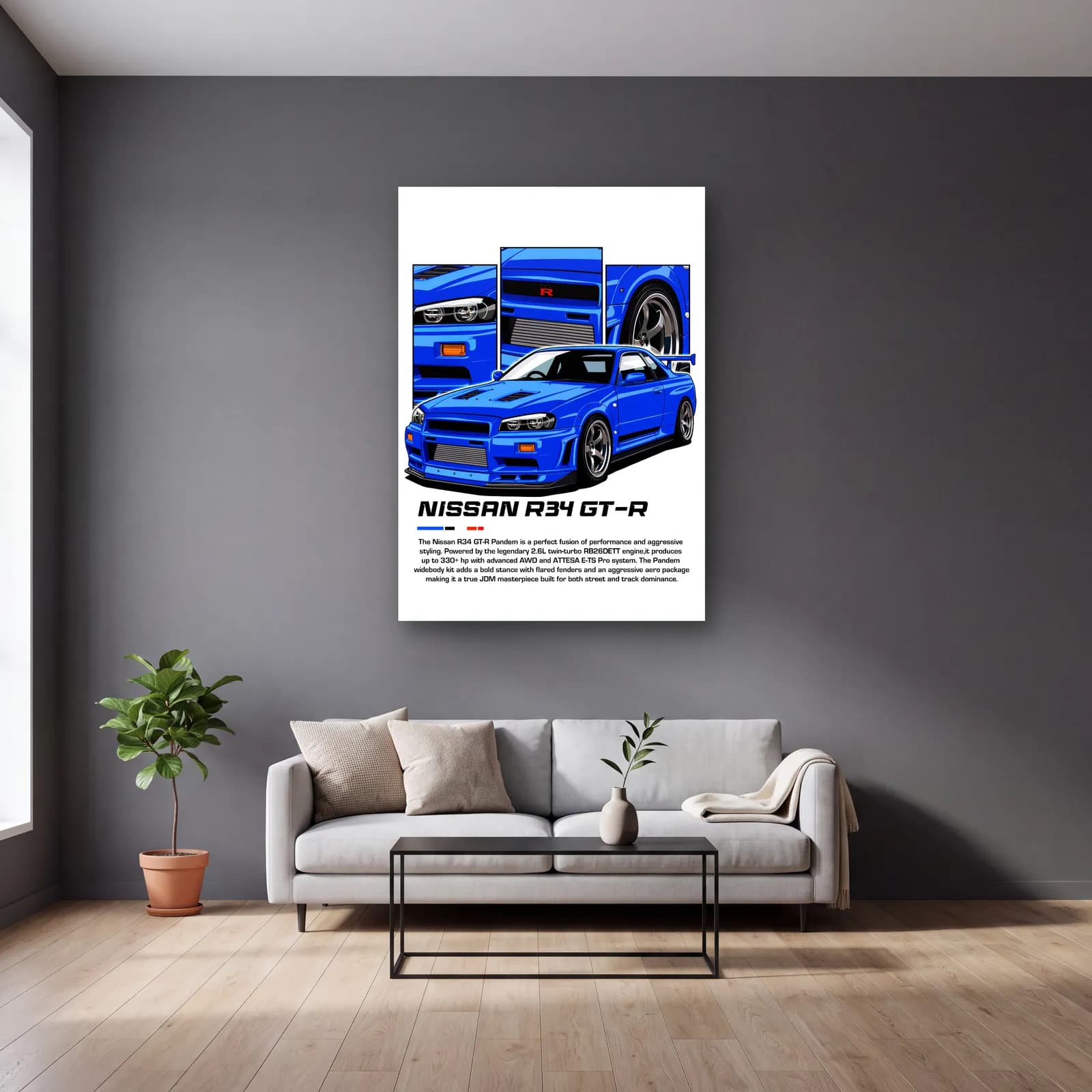 Nissan Skyline R34 GT-R Mavi cam tablo — gri duvarlı salonda